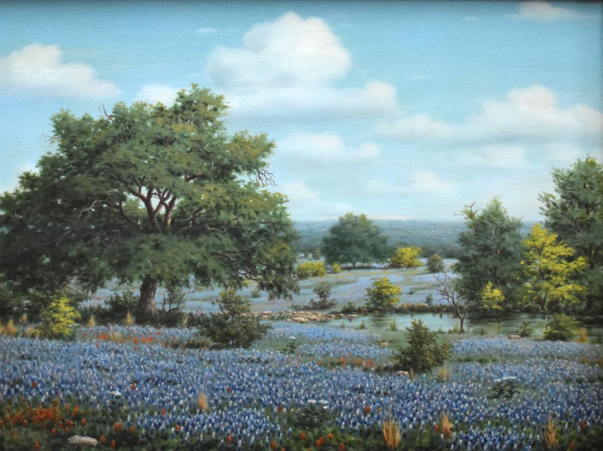 «OAKS AND BLUEBONNET » TEXAS HILL COUNTRY FRAMÉ 23 X 29 - Impressionnisme Painting par Royce Roberts