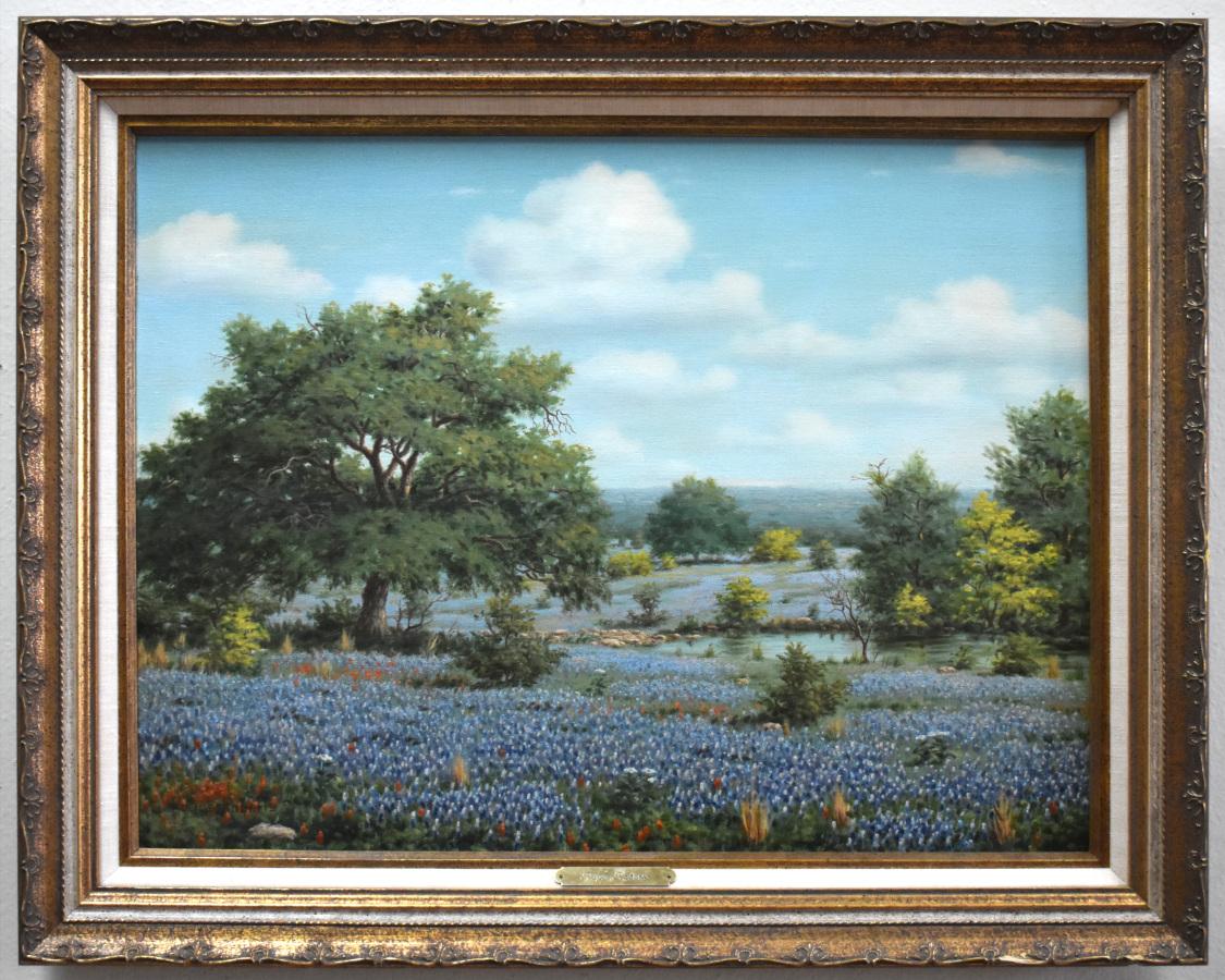 Royce Roberts Landscape Painting - "OAKS AND BLUEBONNET" TEXAS HILL COUNTRY FRAMED 23 X 29