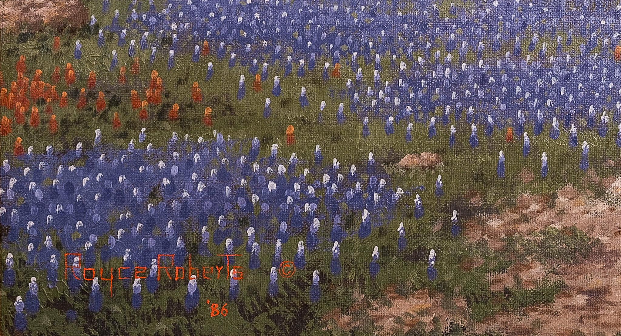 Huile sur toile
taille de la toile : 24 x 36 in.
taille du cadre : 37 x 49 in.

Une icône du Texas : d'abondants pâturages se couvrent d'un bleu à couper le souffle.  Cette magnifique scène paysagère de Royce Roberts présente des champs de la fleur