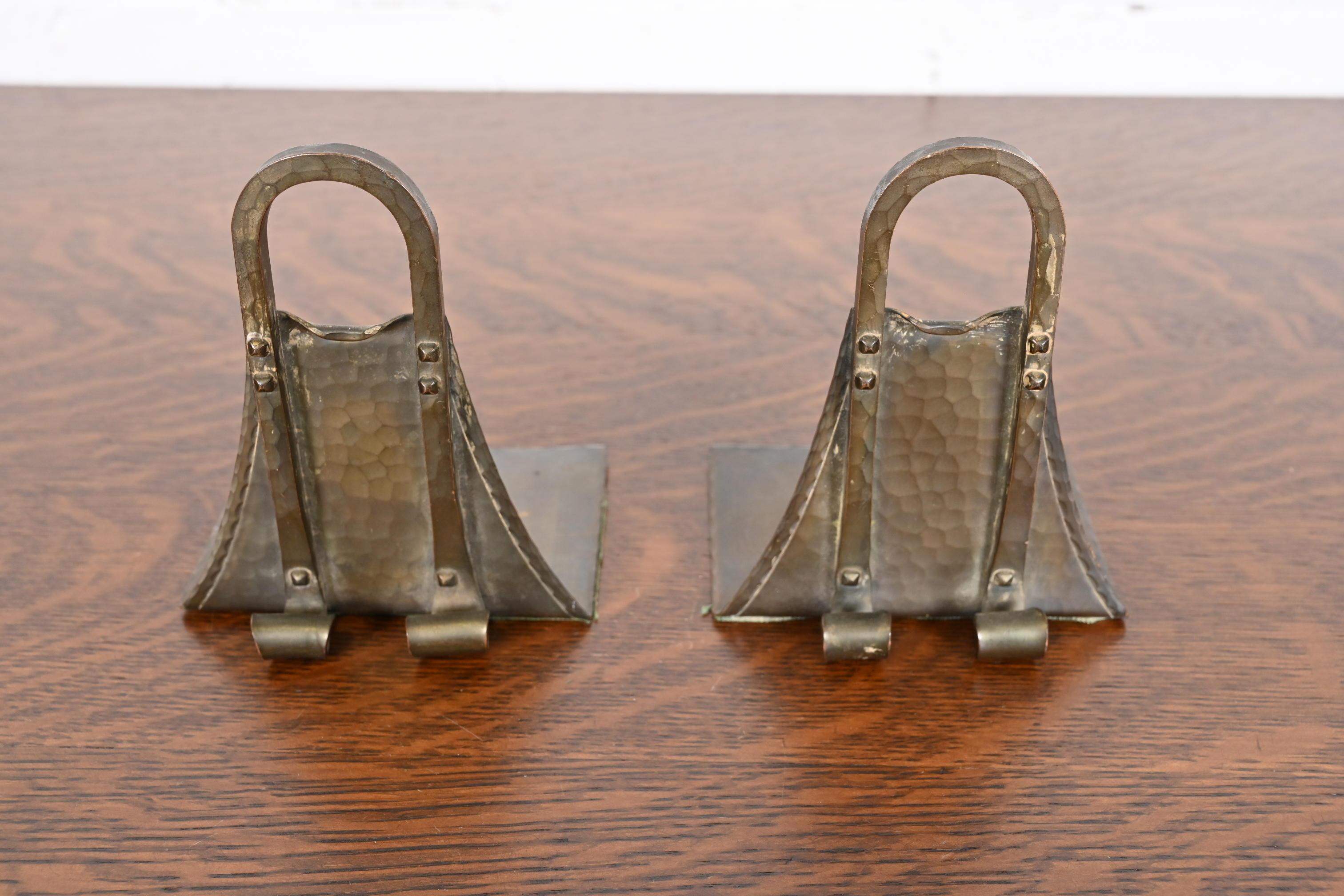 Arts and Crafts Roycroft Arts & Crafts Brass Finished Hammered Copper Bookends For Sale