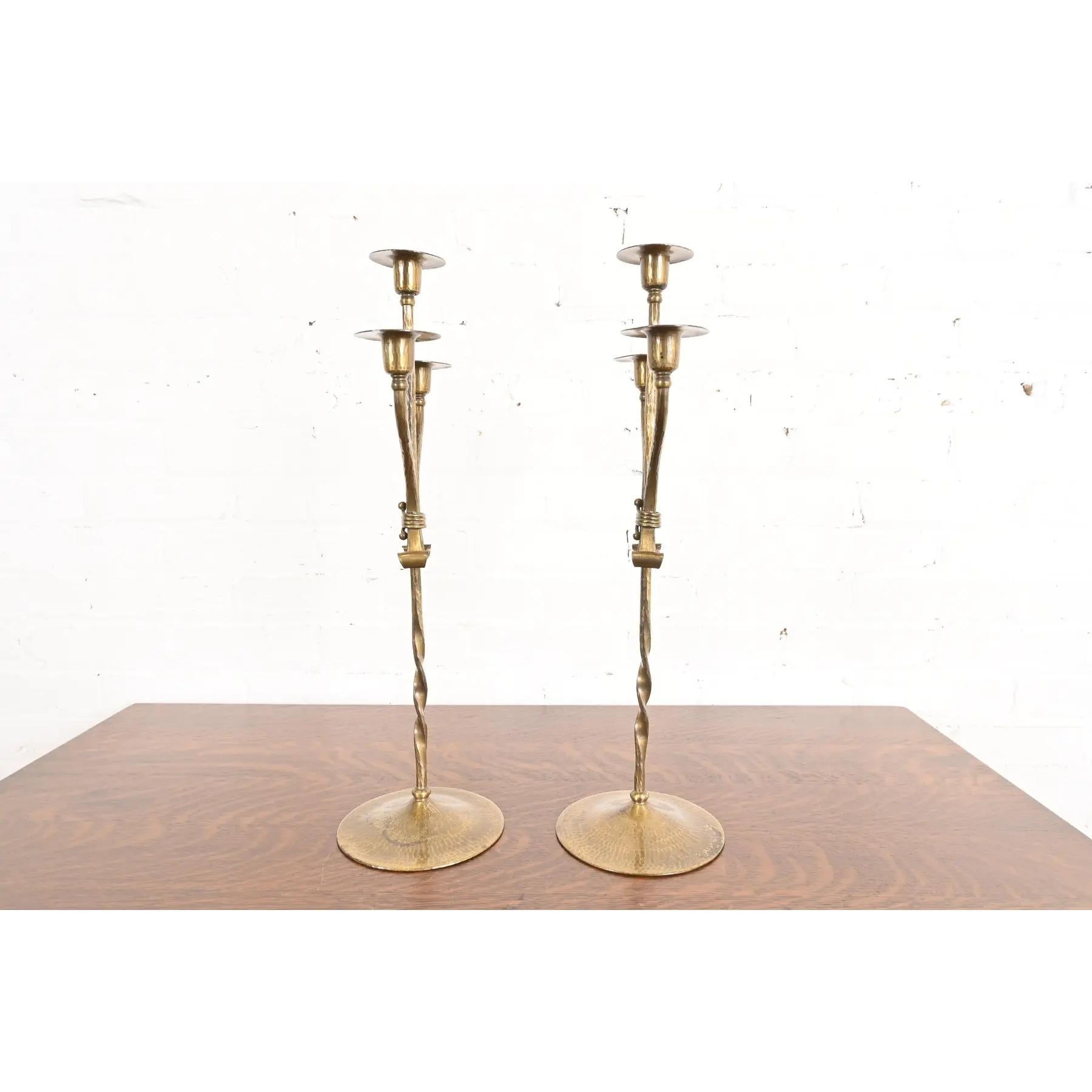 Roycroft Arts & Crafts Brass Finished Hammered Copper Candelabras, Pair For Sale 4