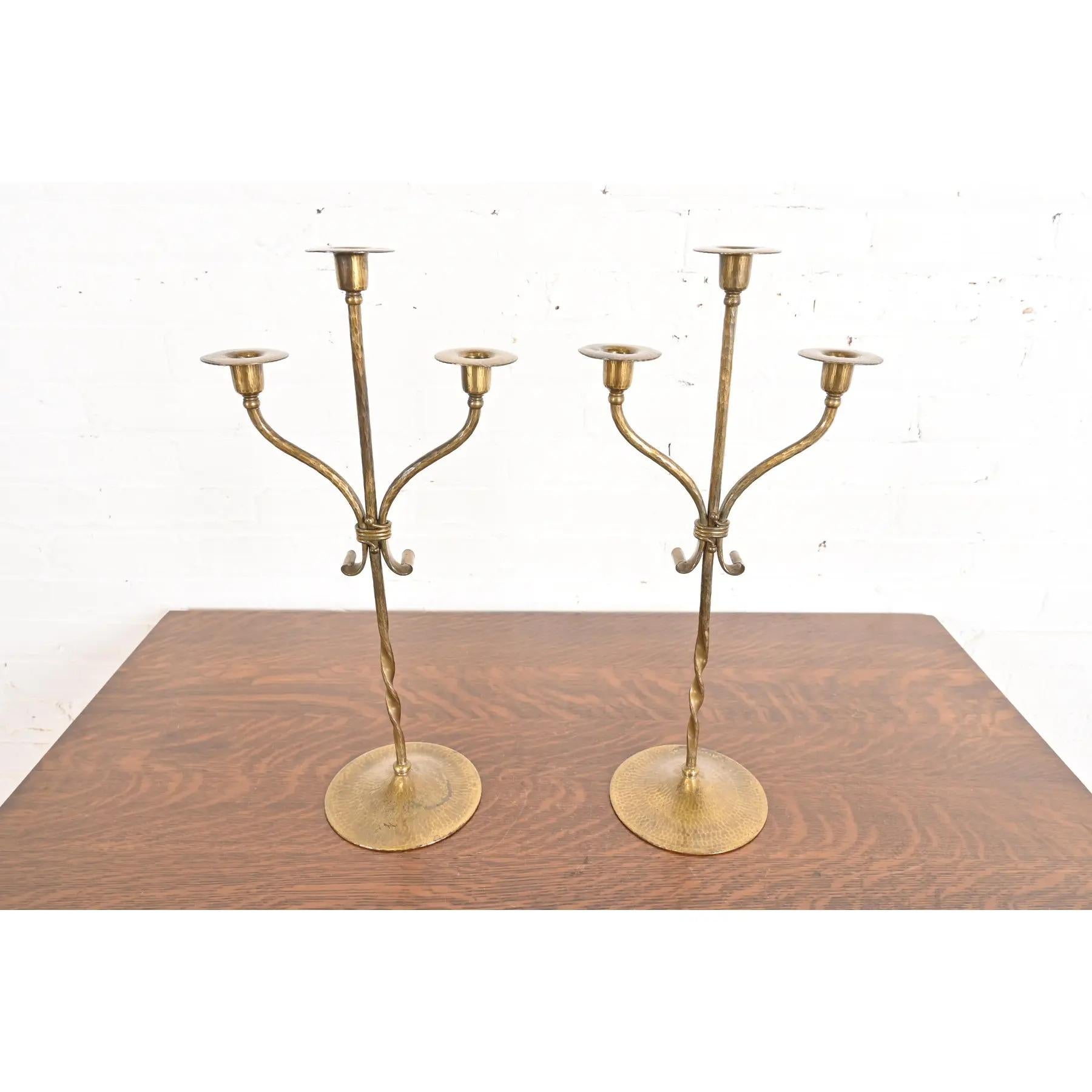 Arts and Crafts Roycroft Arts & Crafts Brass Finished Hammered Copper Candelabras, Pair For Sale