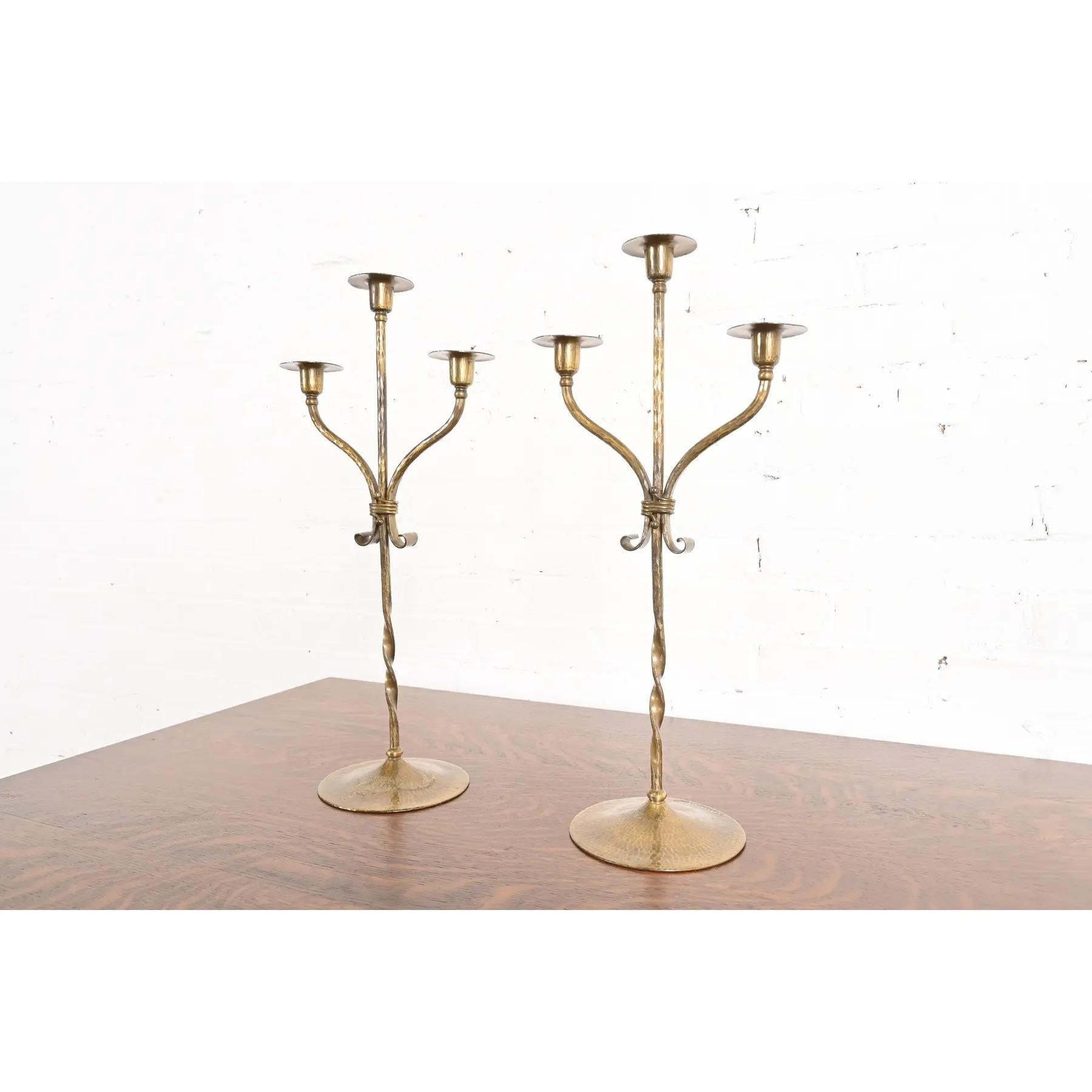 American Roycroft Arts & Crafts Brass Finished Hammered Copper Candelabras, Pair For Sale