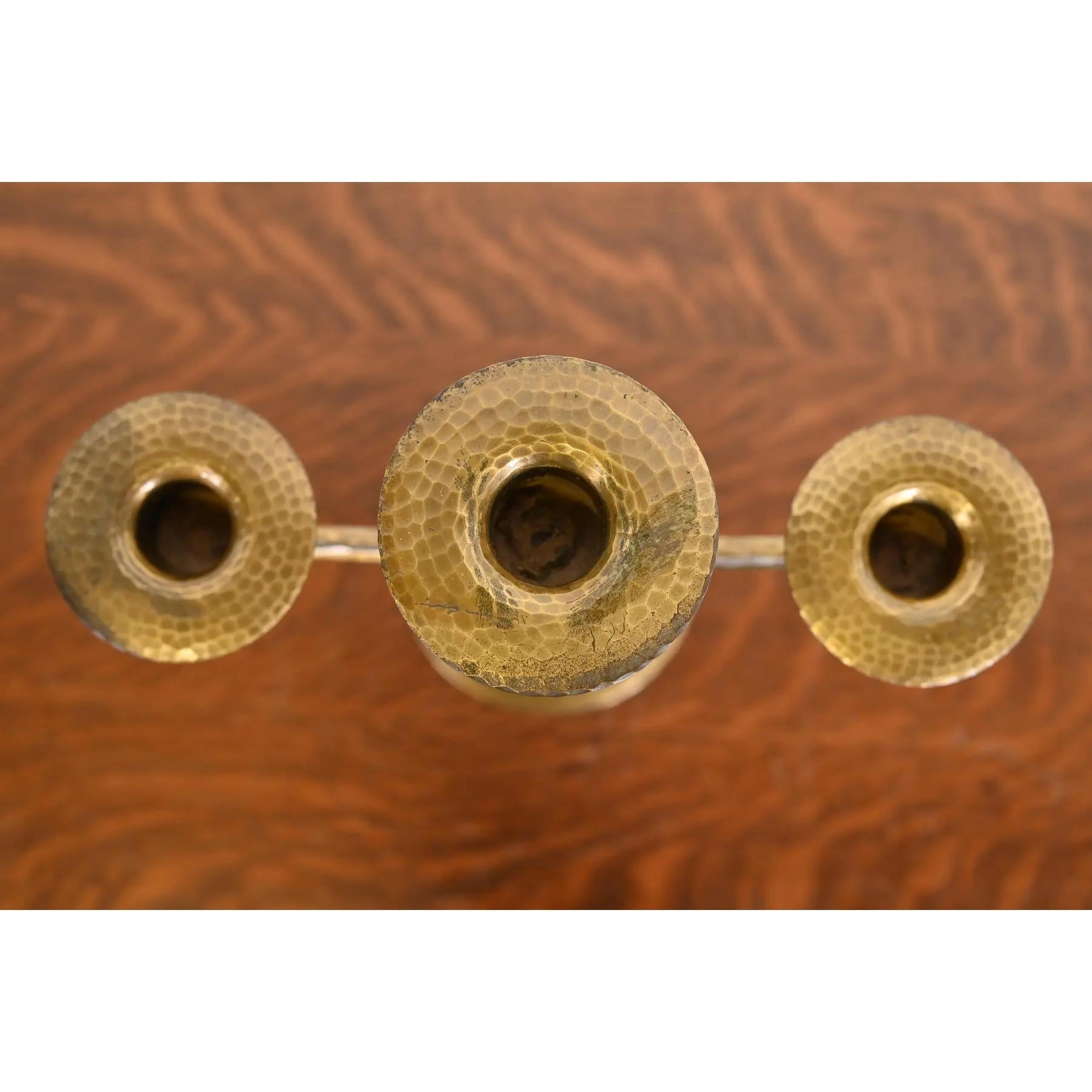 20th Century Roycroft Arts & Crafts Brass Finished Hammered Copper Candelabras, Pair For Sale