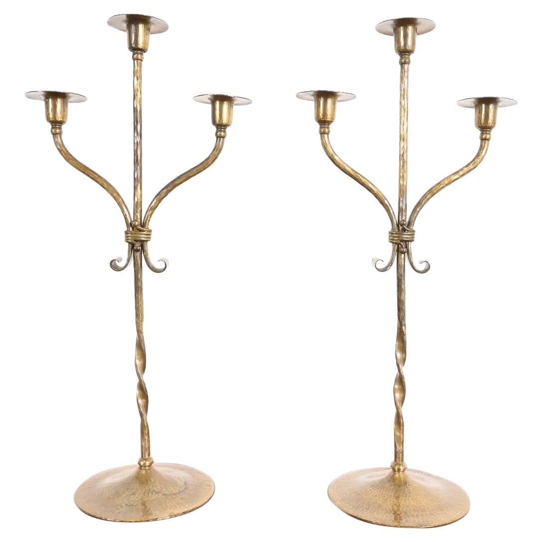 Roycroft Arts & Crafts Brass Finished Hammered Copper Candelabras, Pair For Sale