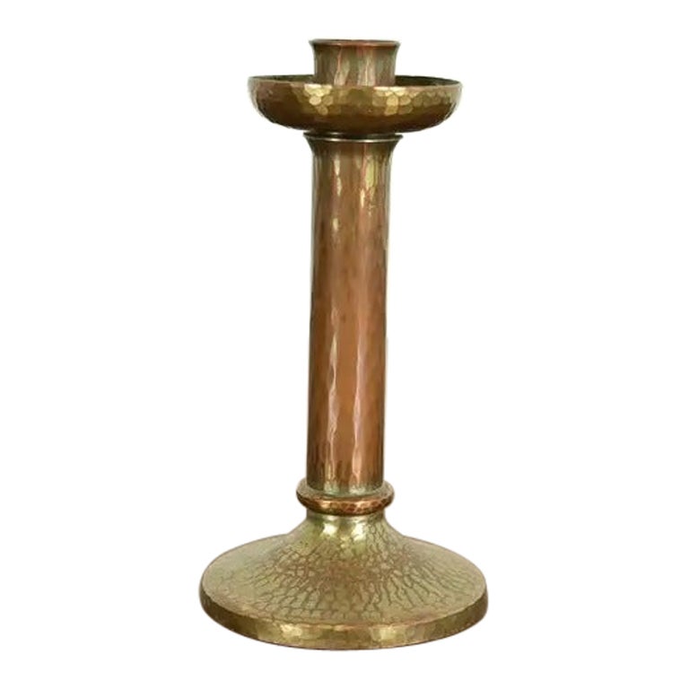 Roycroft Arts & Crafts Brass Finished Hammered Copper Candlestick For Sale