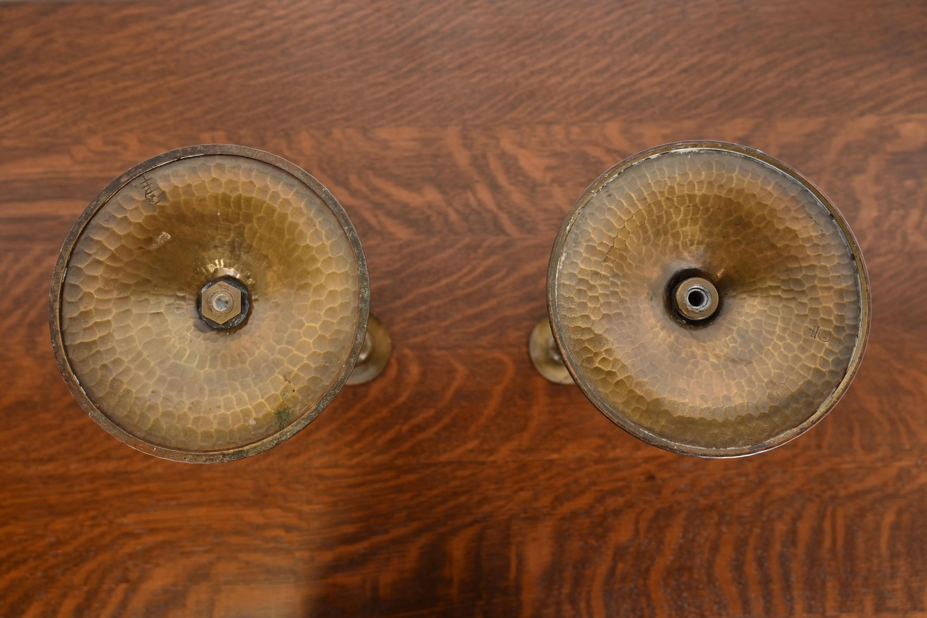 Roycroft Arts & Crafts Brass Finished Hammered Copper Candlesticks, Pair 4