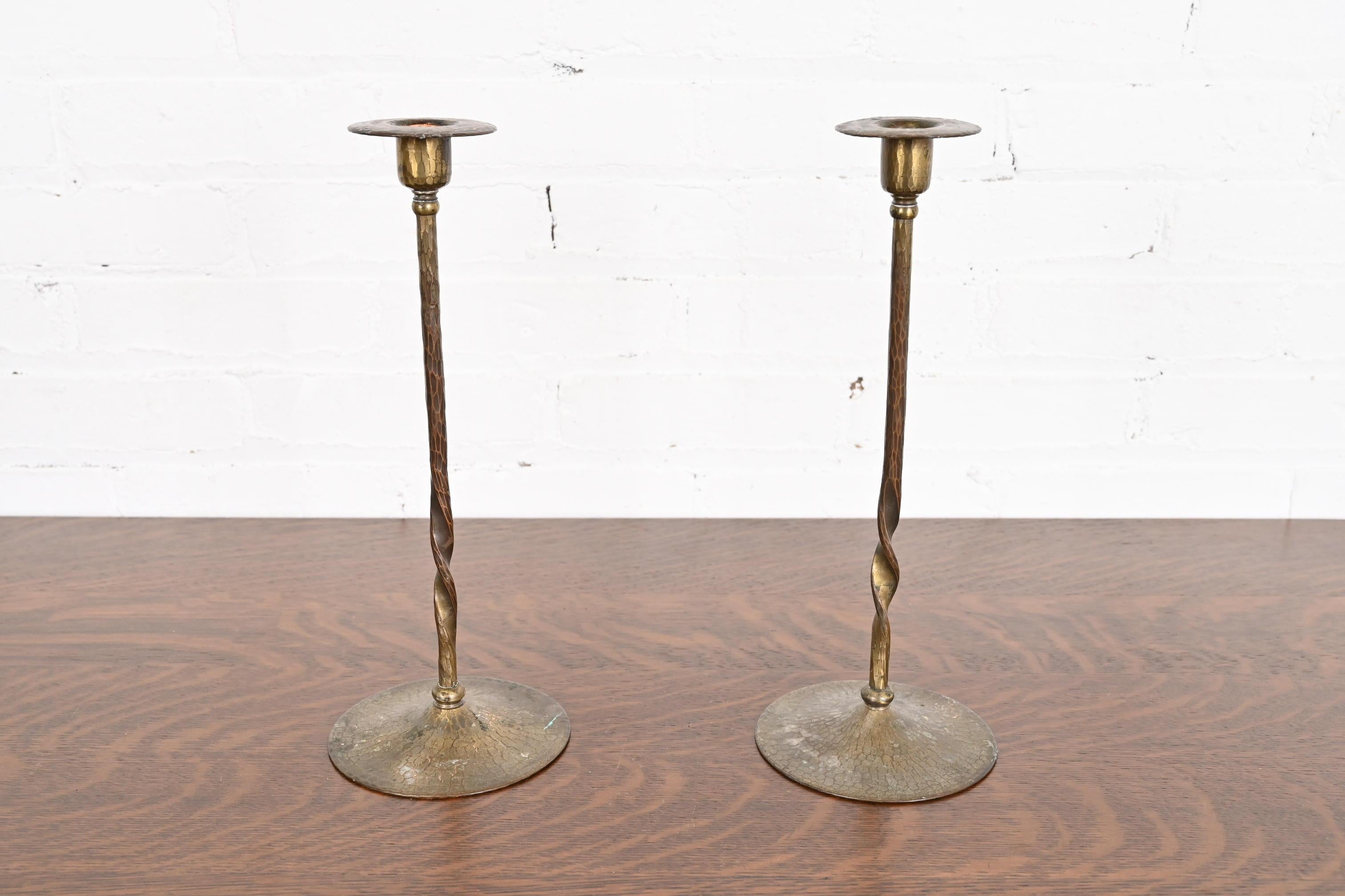 Arts and Crafts Roycroft Arts & Crafts Brass Finished Hammered Copper Candlesticks, Pair