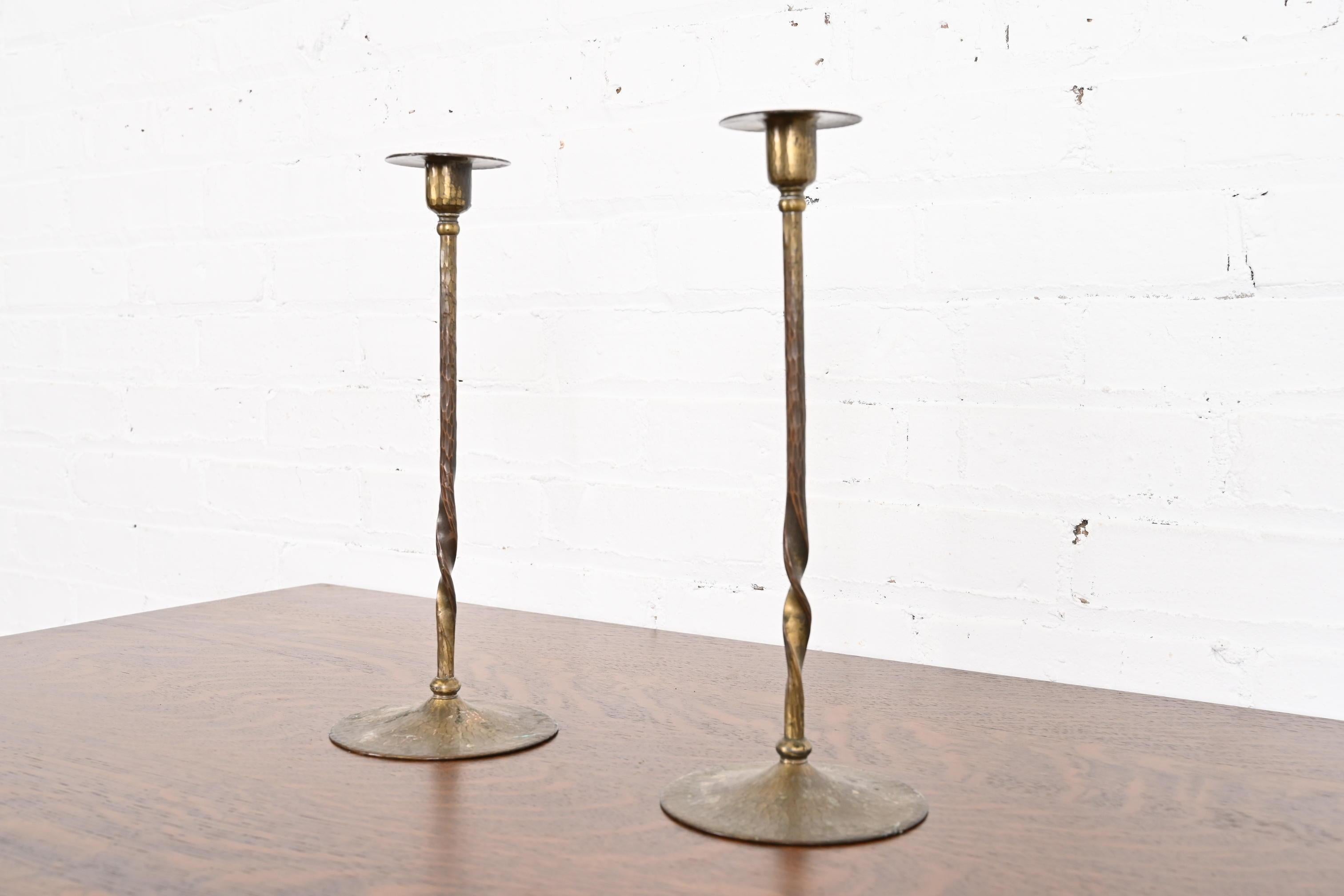 American Roycroft Arts & Crafts Brass Finished Hammered Copper Candlesticks, Pair