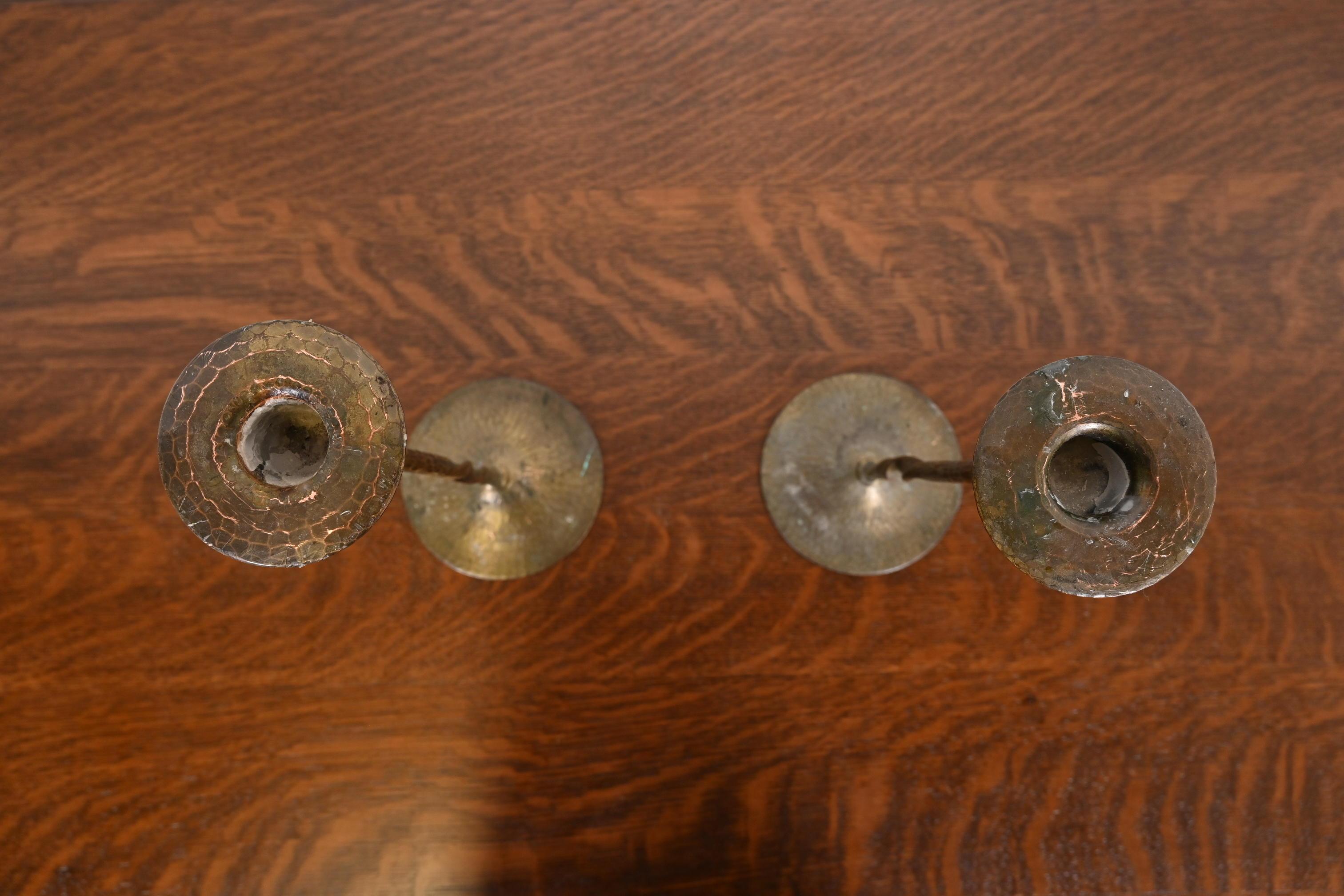 20th Century Roycroft Arts & Crafts Brass Finished Hammered Copper Candlesticks, Pair