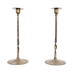 Roycroft Arts & Crafts Brass Finished Hammered Copper Candlesticks, Pair