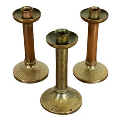 Roycroft Arts & Crafts Brass Finished Hammered Copper Candlesticks, Set of Three