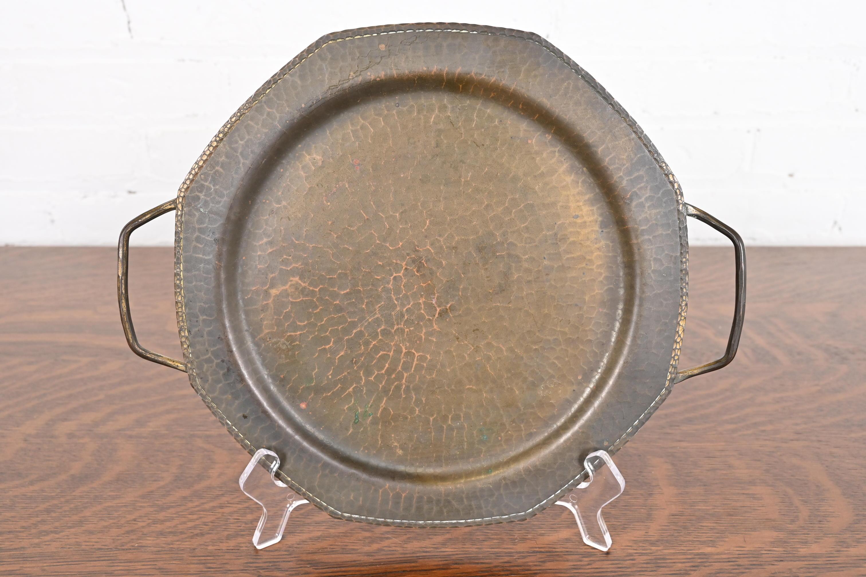 Arts and Crafts Roycroft Arts & Crafts Brass Finished Hammered Copper Handled Tray