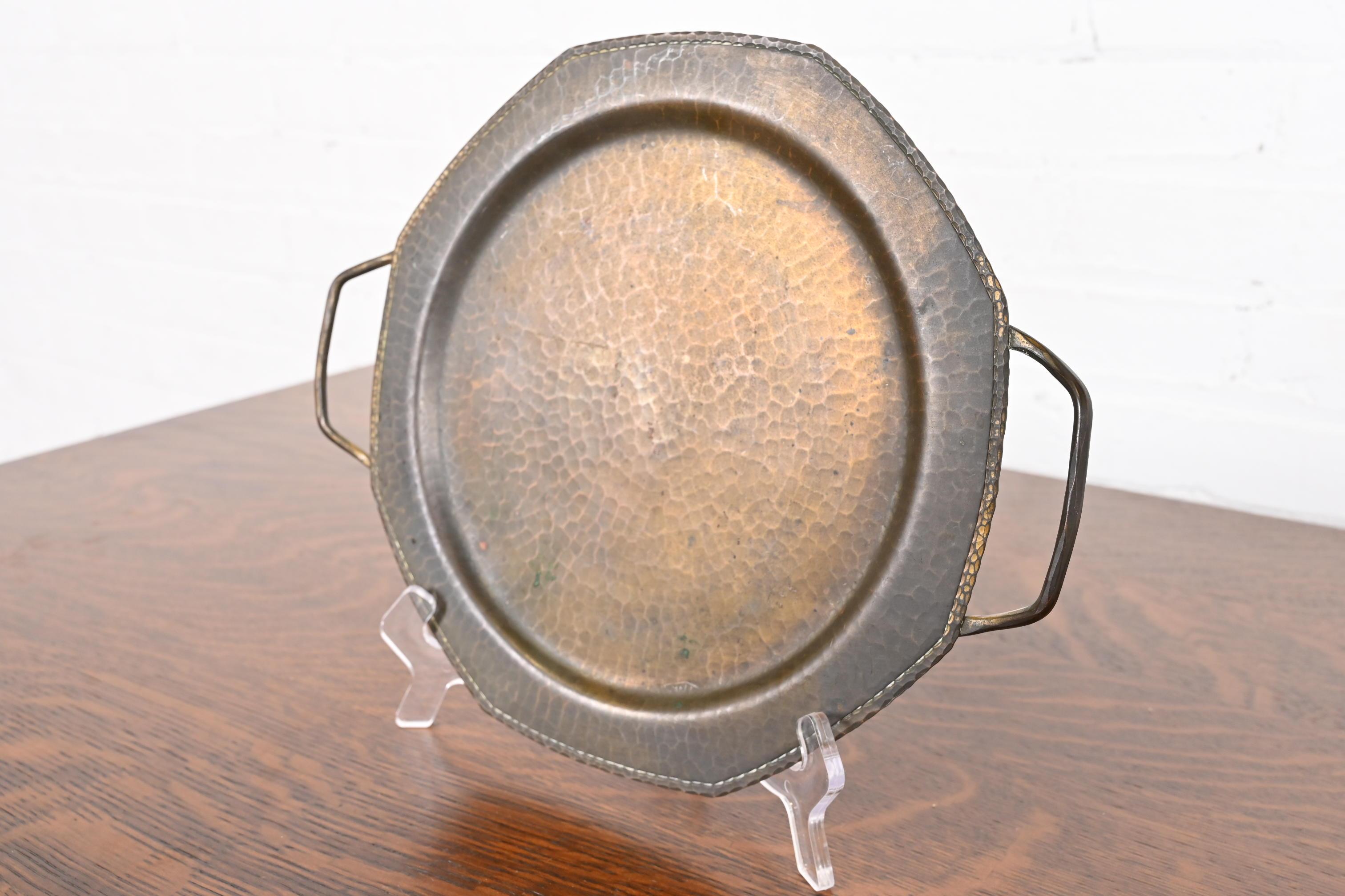 American Roycroft Arts & Crafts Brass Finished Hammered Copper Handled Tray