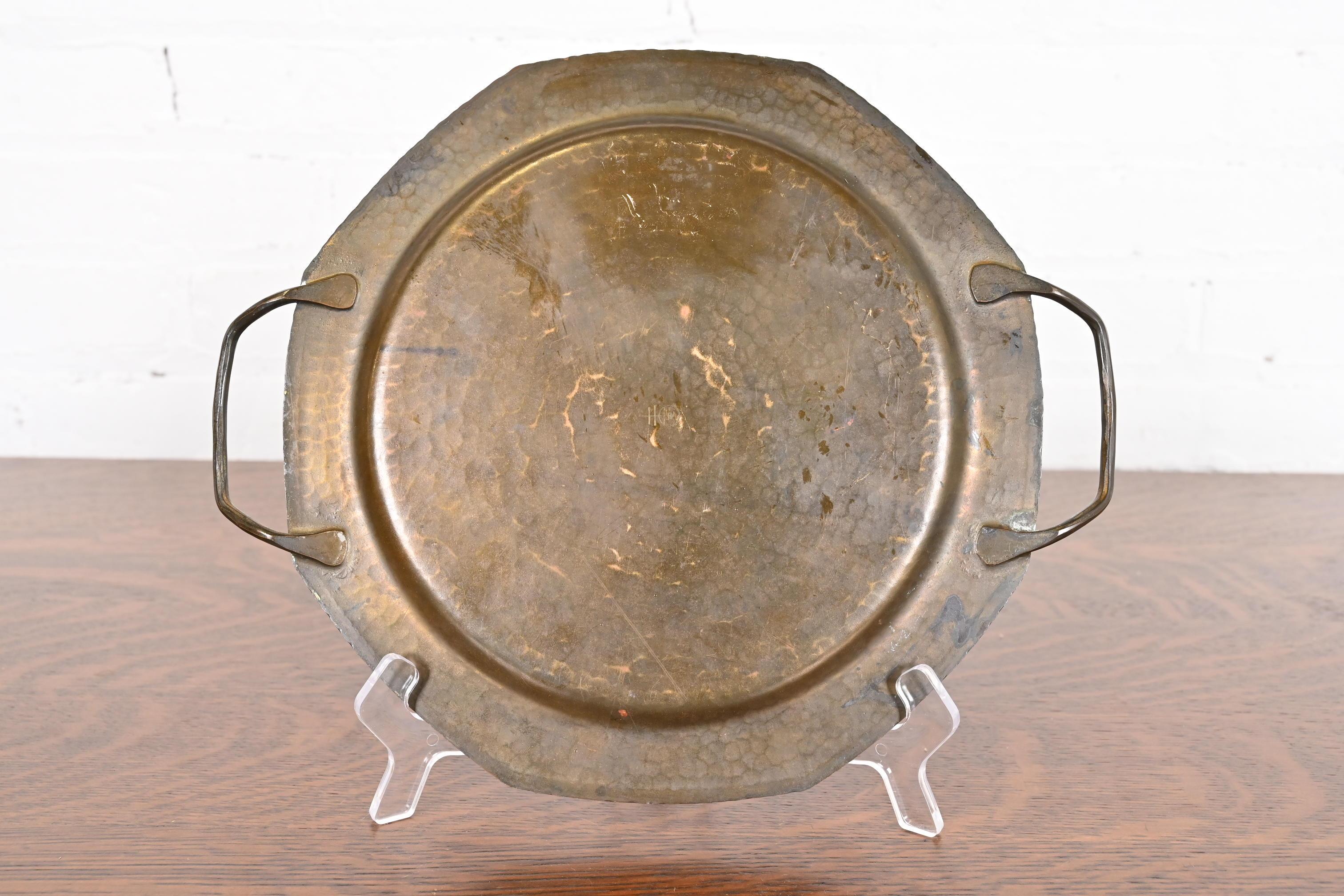 Roycroft Arts & Crafts Brass Finished Hammered Copper Handled Tray 2
