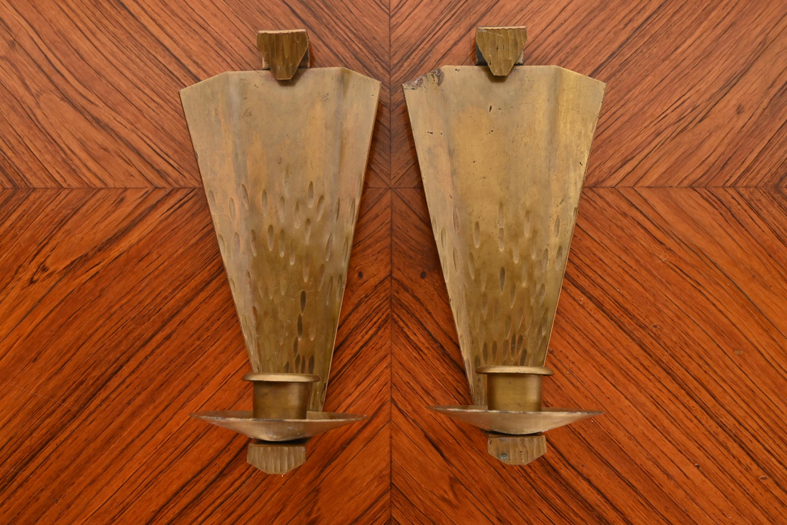 Arts and Crafts Roycroft Arts & Crafts Hammered Brass Candle Wall Sconces, Pair For Sale