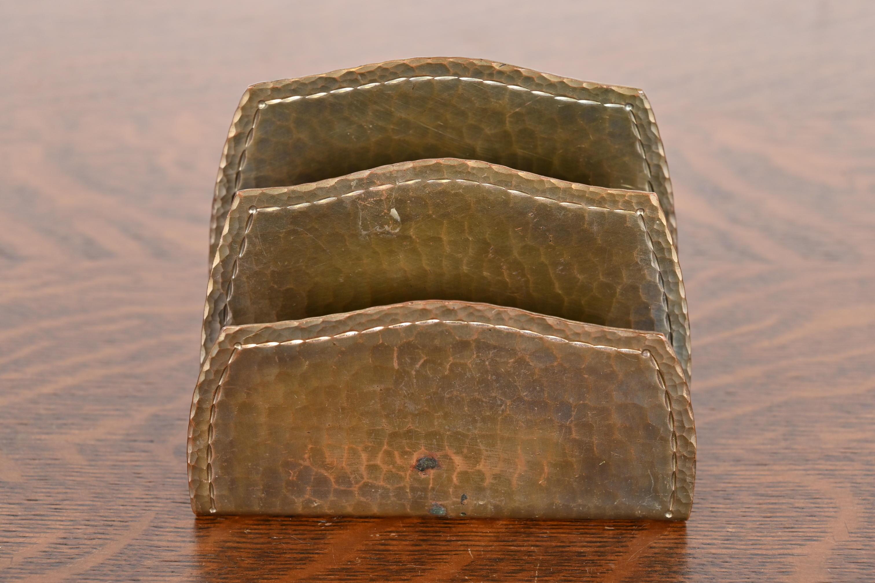 American Roycroft Arts & Crafts Hammered Brass Over Copper Letter Rack For Sale