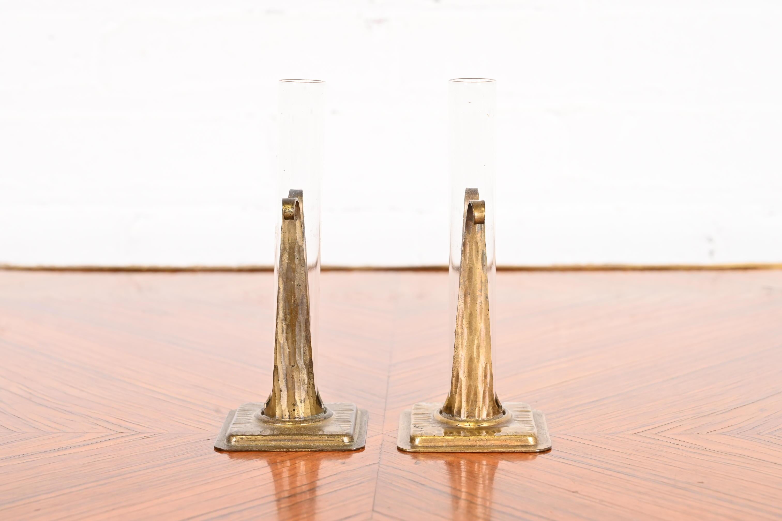 Roycroft Arts & Crafts Hammered Copper and Glass Bud Vases, Pair 5