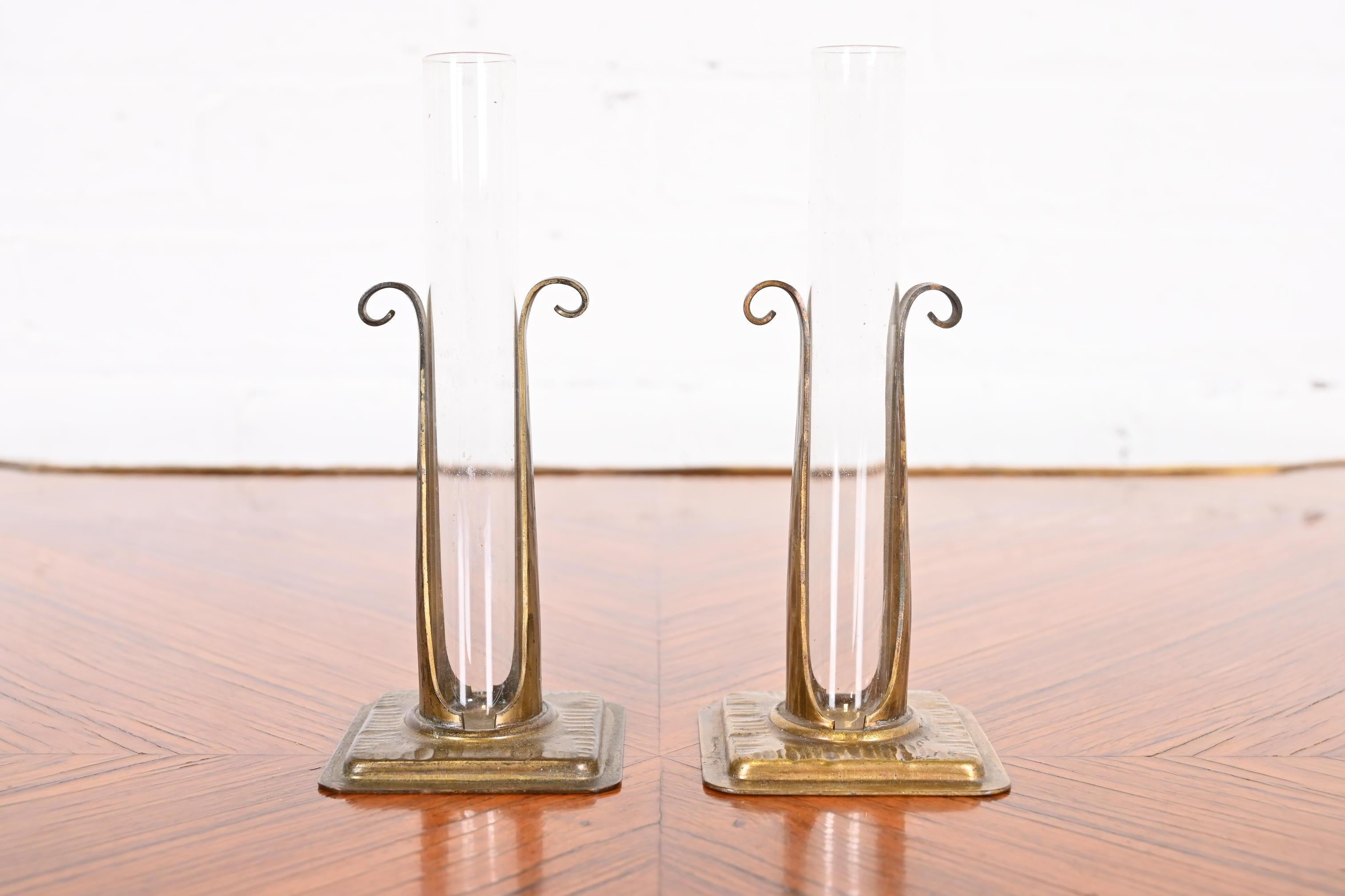 Arts and Crafts Roycroft Arts & Crafts Hammered Copper and Glass Bud Vases, Pair