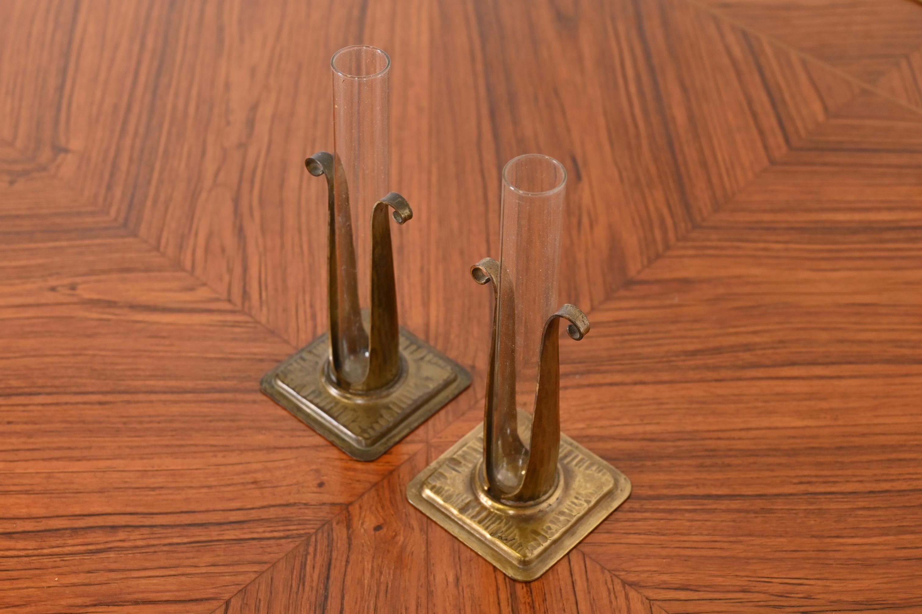 American Roycroft Arts & Crafts Hammered Copper and Glass Bud Vases, Pair