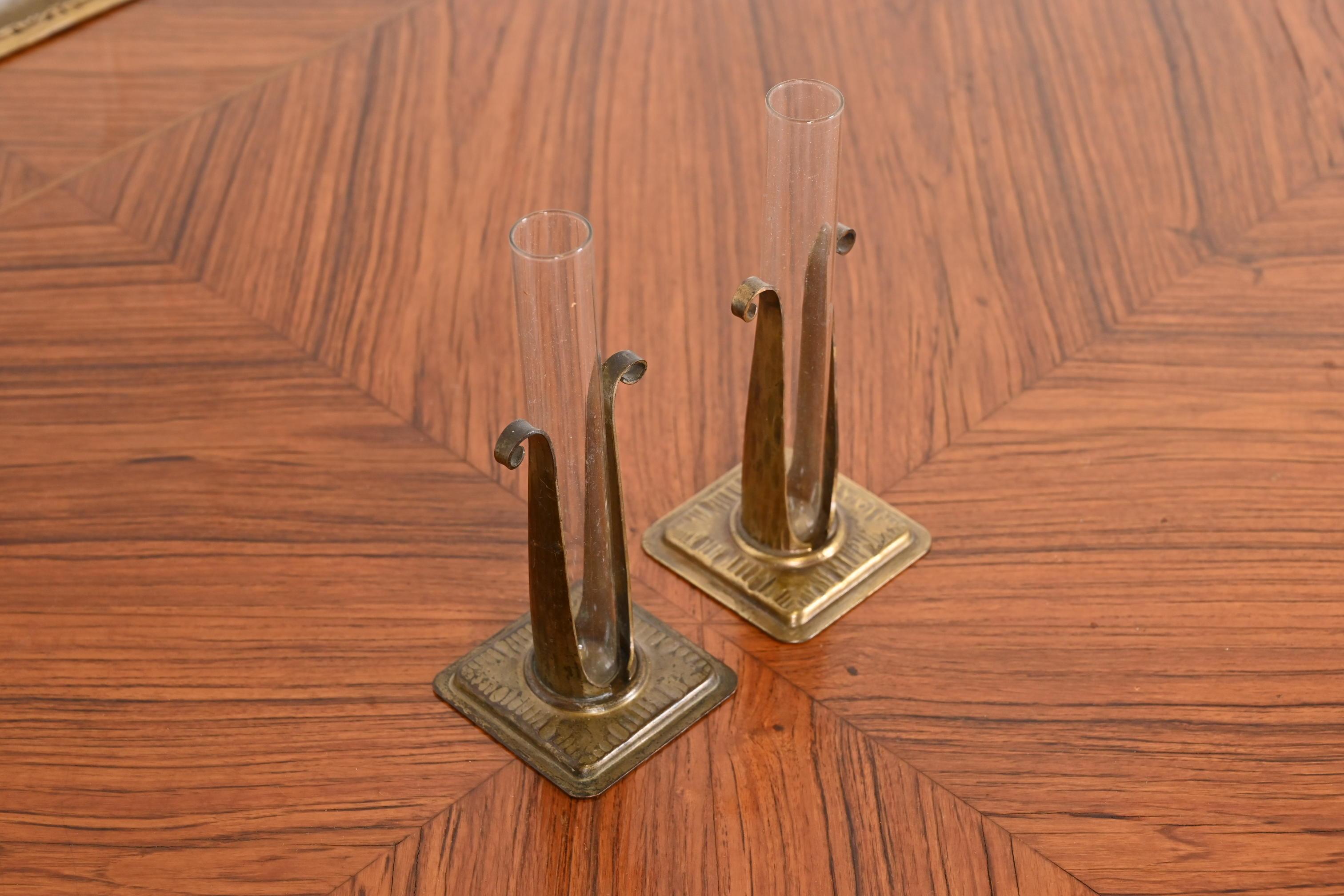 20th Century Roycroft Arts & Crafts Hammered Copper and Glass Bud Vases, Pair