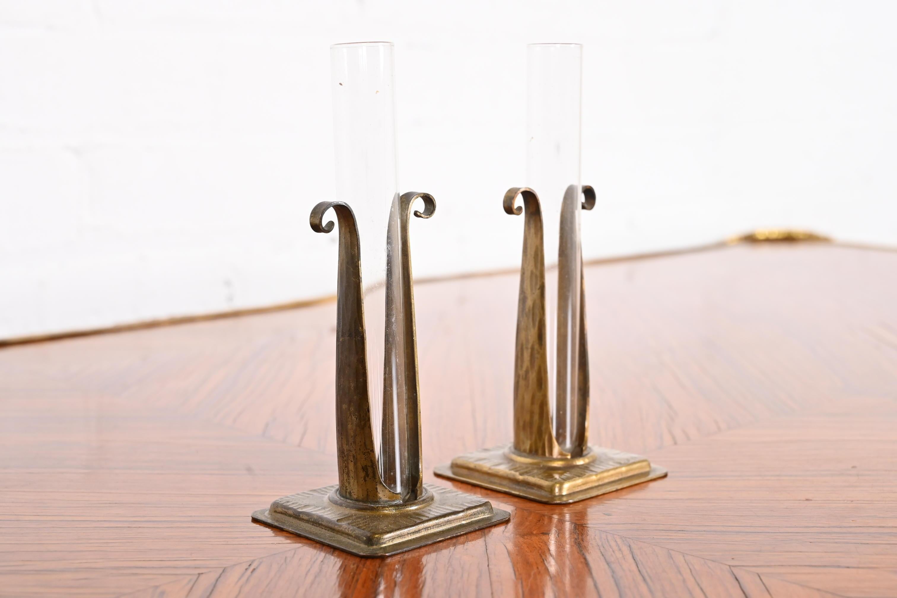 Roycroft Arts & Crafts Hammered Copper and Glass Bud Vases, Pair 1
