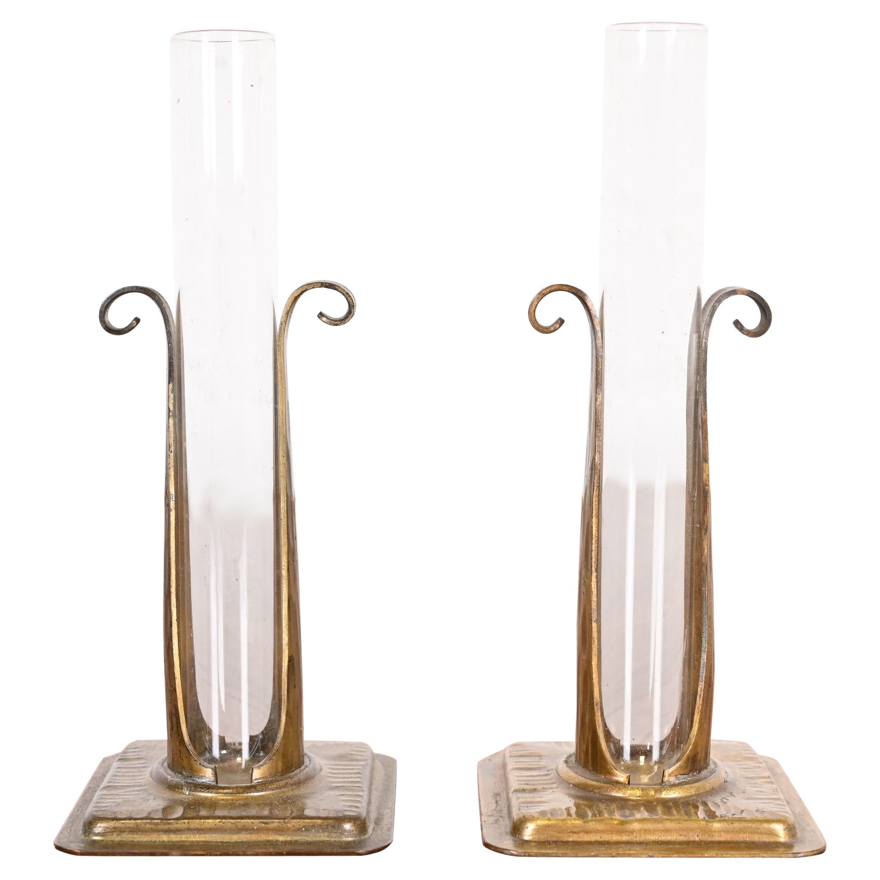 Roycroft Arts & Crafts Hammered Copper and Glass Bud Vases, Pair