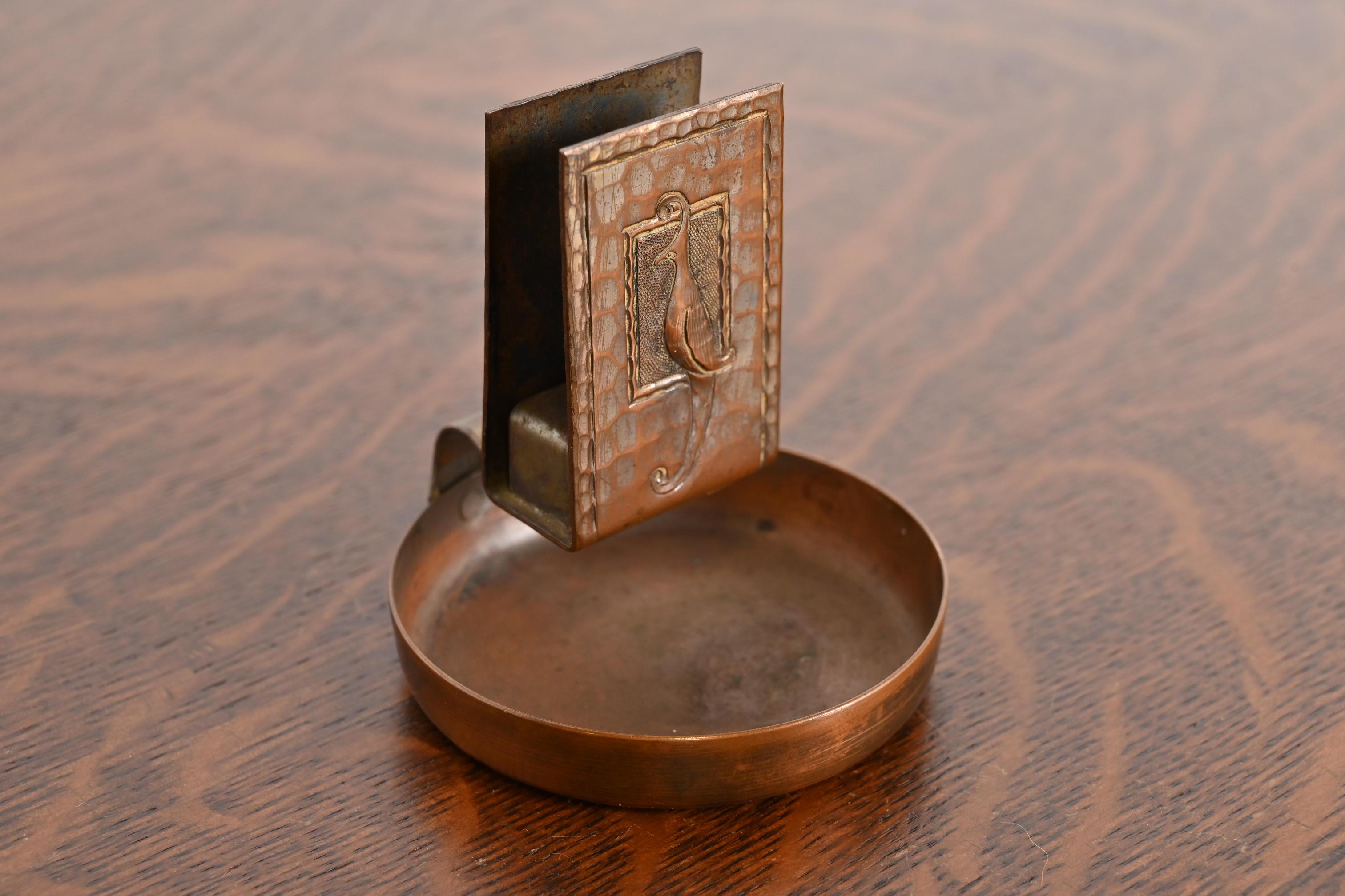 American Roycroft Arts & Crafts Hammered Copper Bird-Of-Paradise Ashtray For Sale