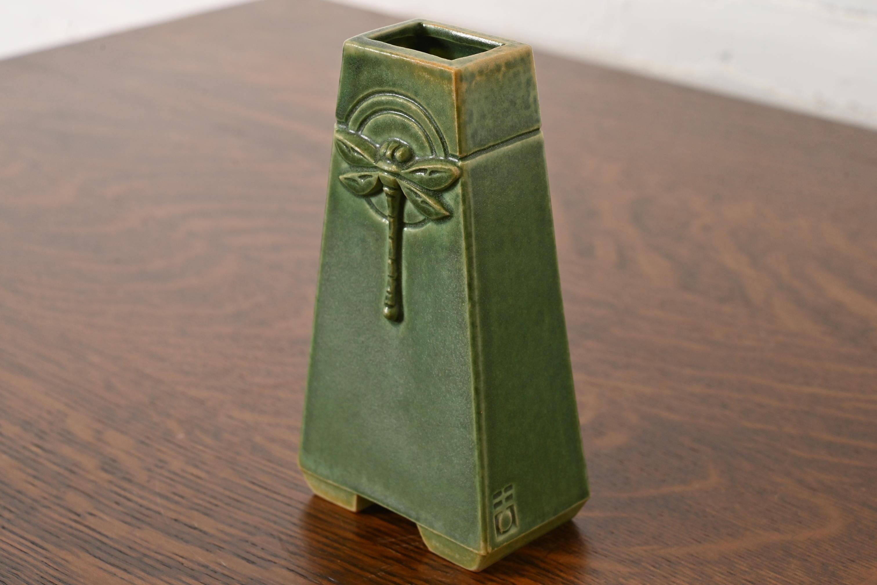 Arts and Crafts Roycroft Pottery Arts & Crafts Green Glazed Ceramic Dragonfly Vase