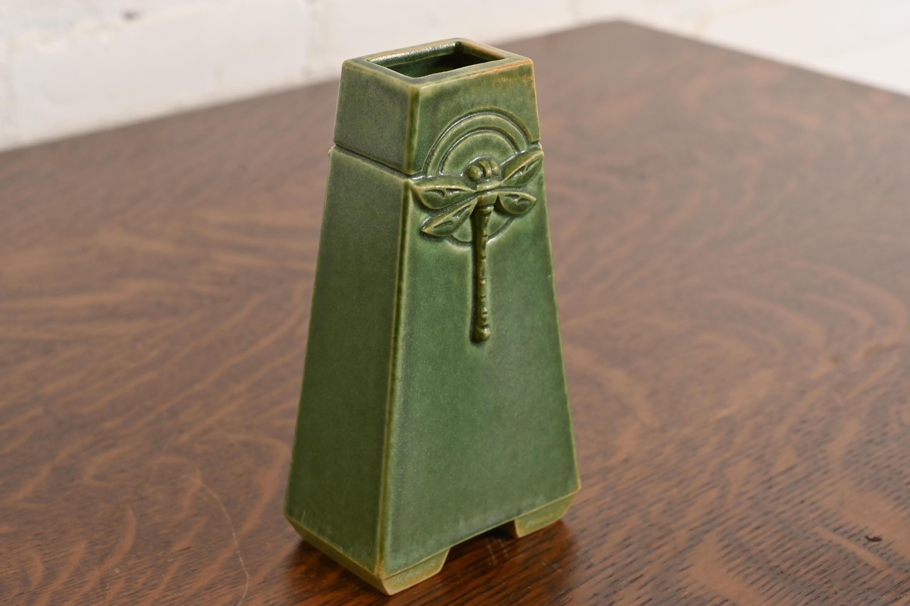American Roycroft Pottery Arts & Crafts Green Glazed Ceramic Dragonfly Vase
