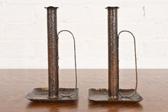 Roycroft Style Arts & Crafts Hammered Copper Handled Candlesticks, Pair