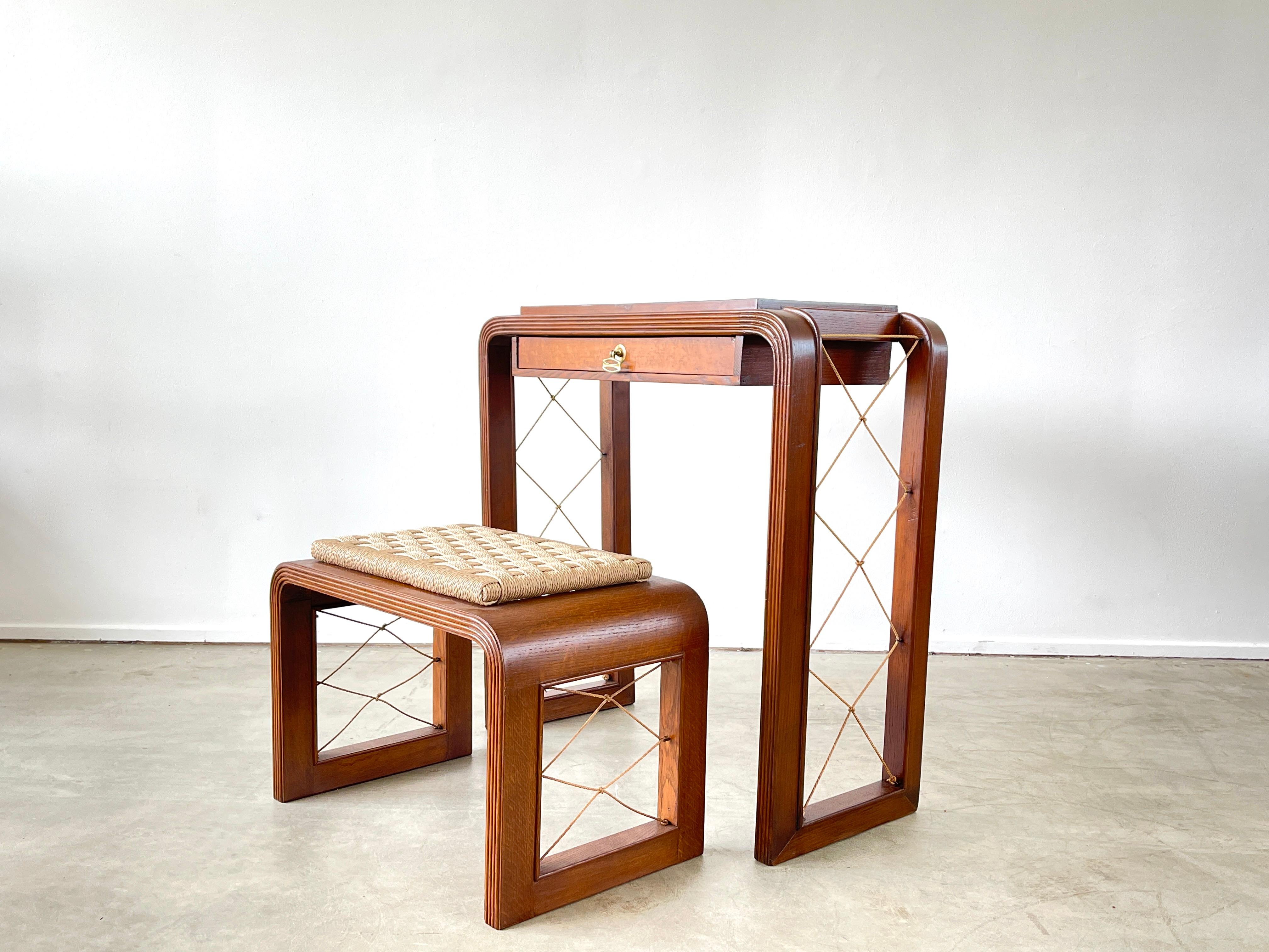 Incredible console or entry piece with matching stool. 
This piece could also be used as a writing desk or vanity. 
Bentwood with original rope detail and carved edges 
Pull-out drawer with brass hardware.
New restored and refinished with new rushed