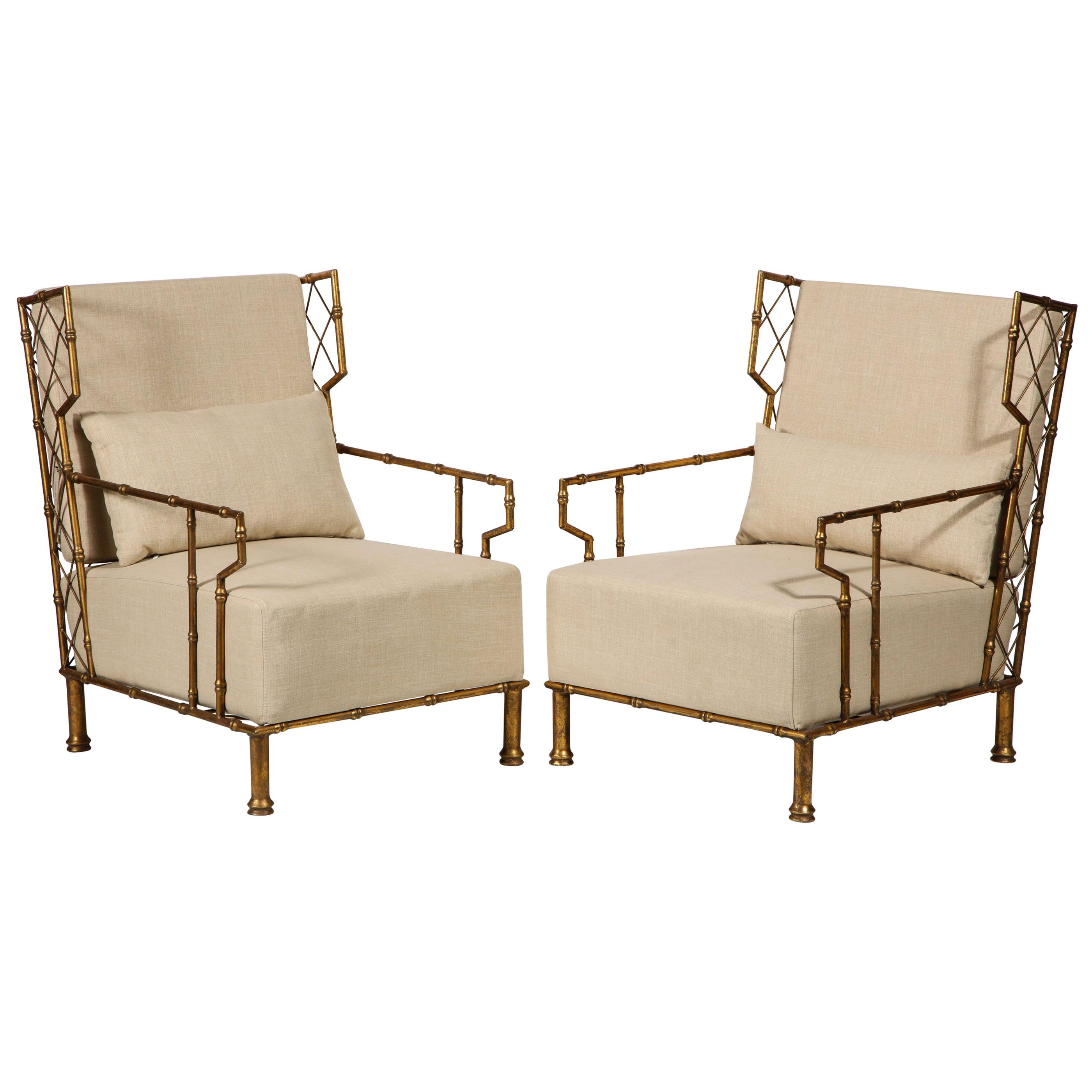 Gold metal pair, lounge chairs, France

Beautiful lounge chairs, made in France. Midcentury style, with beige fabric. Comfortable and beautiful. In the style of Jean Royère, midcentury. Deep and comfortable.