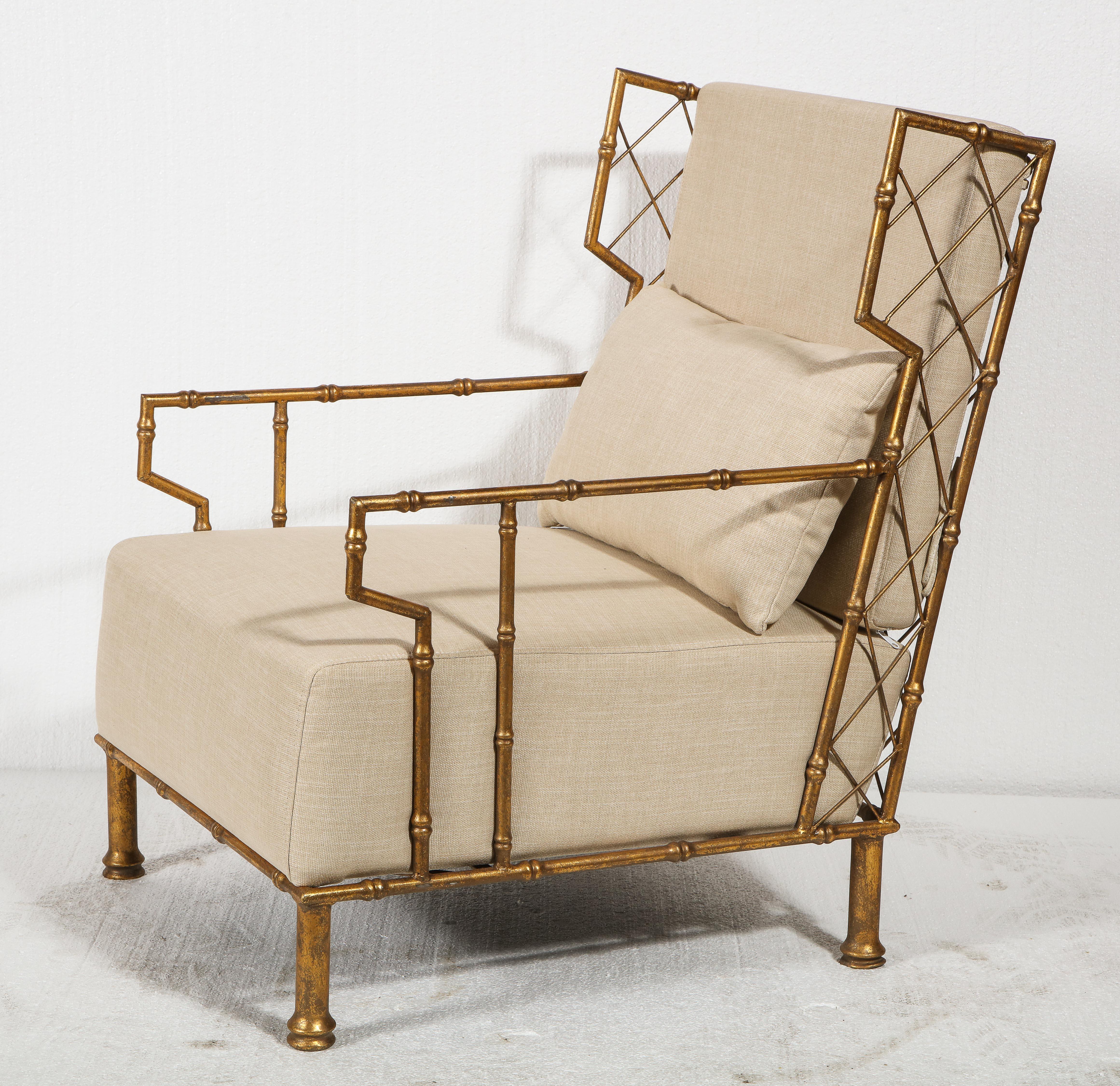 Mid-Century Modern Gold Metal Lattice Pair, Lounge Chairs, France