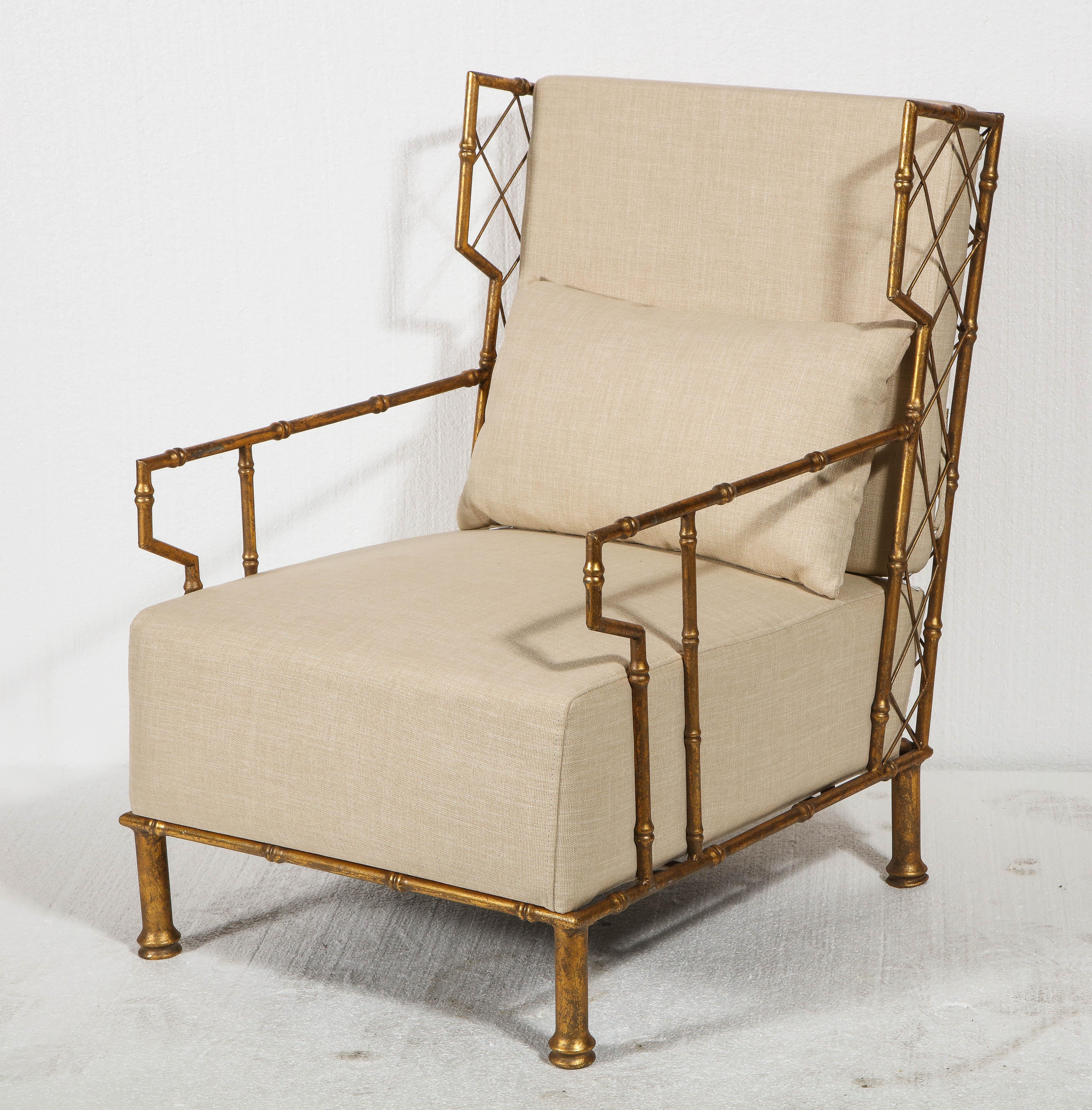 French Gold Metal Lattice Pair, Lounge Chairs, France