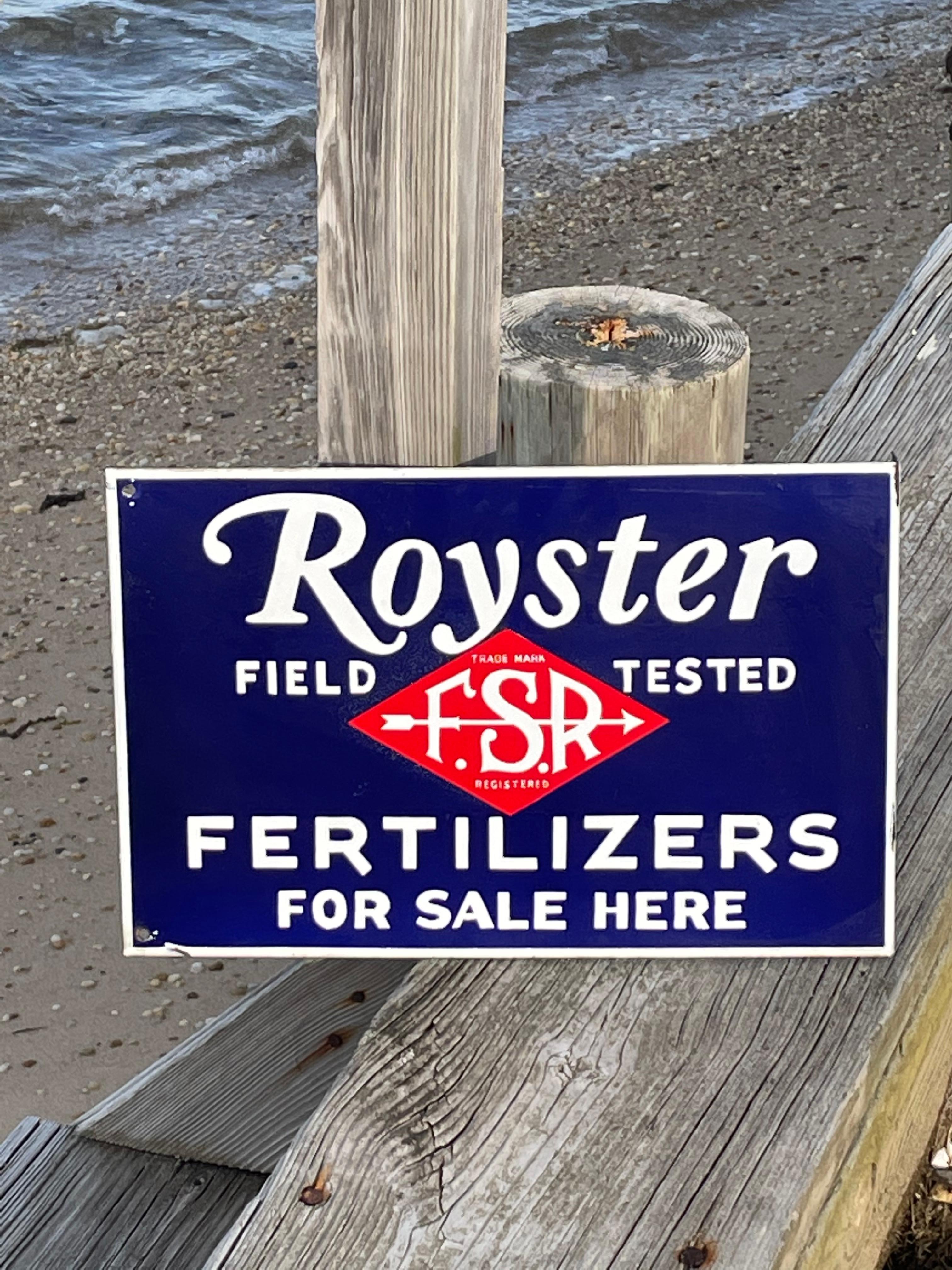 Country Royster Fertilizer Porcelain Two Sided Farm and Agricultural Farm Sign w/Flange For Sale