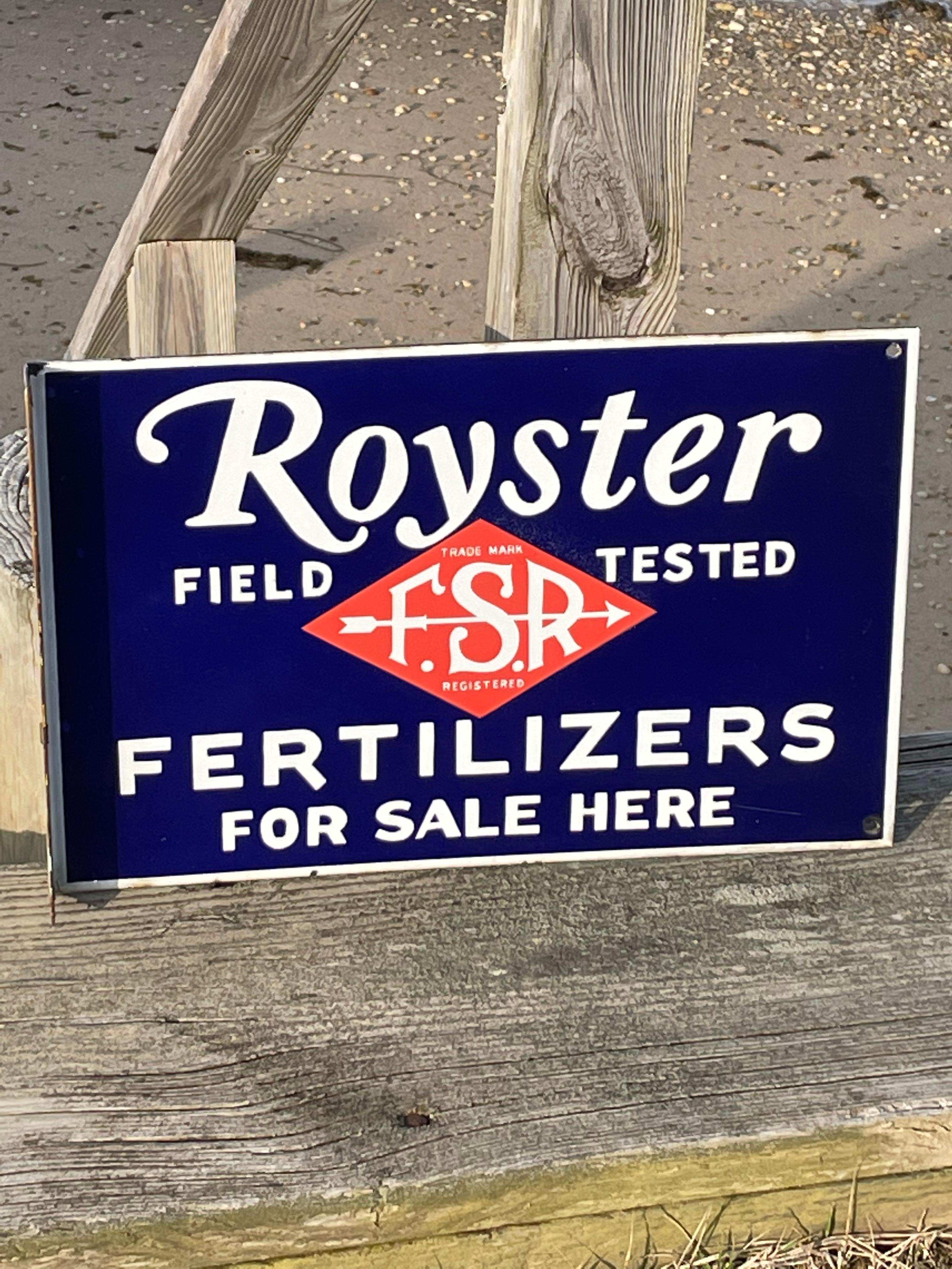 American Royster Fertilizer Porcelain Two Sided Farm and Agricultural Farm Sign w/Flange For Sale