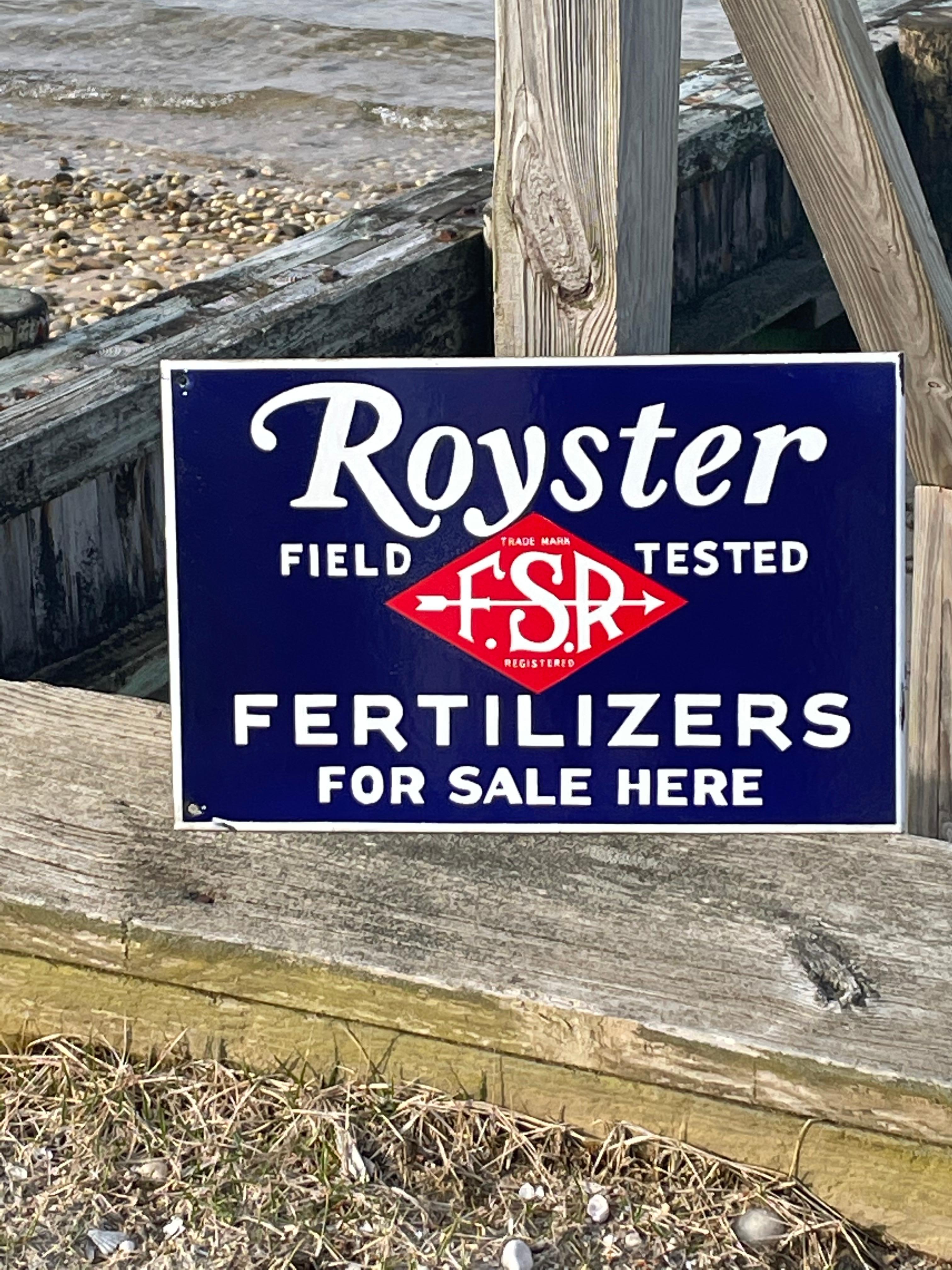 Enameled Royster Fertilizer Porcelain Two Sided Farm and Agricultural Farm Sign w/Flange For Sale