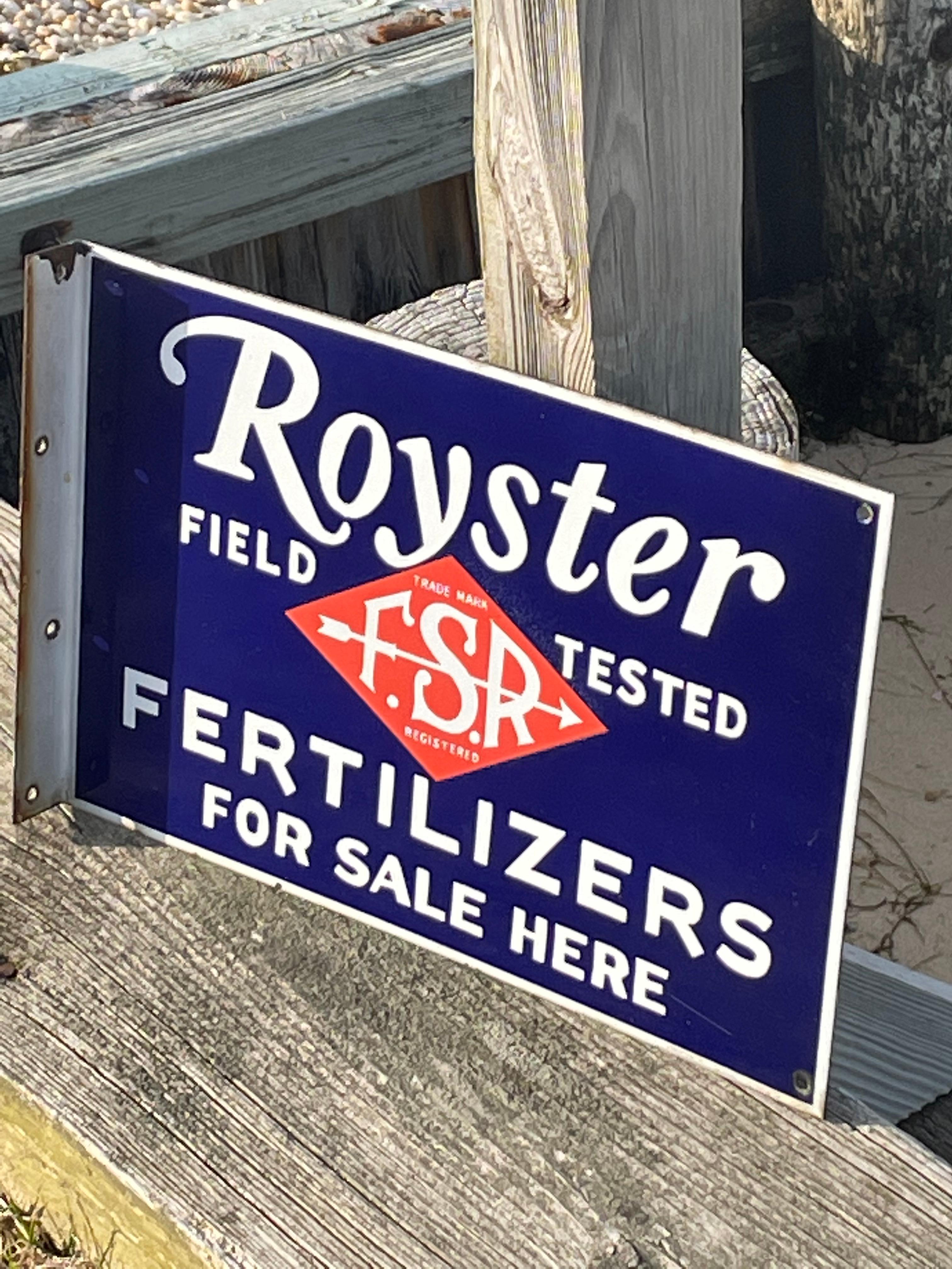 Royster Fertilizer Porcelain Two Sided Farm and Agricultural Farm Sign w/Flange In Good Condition For Sale In New York, NY