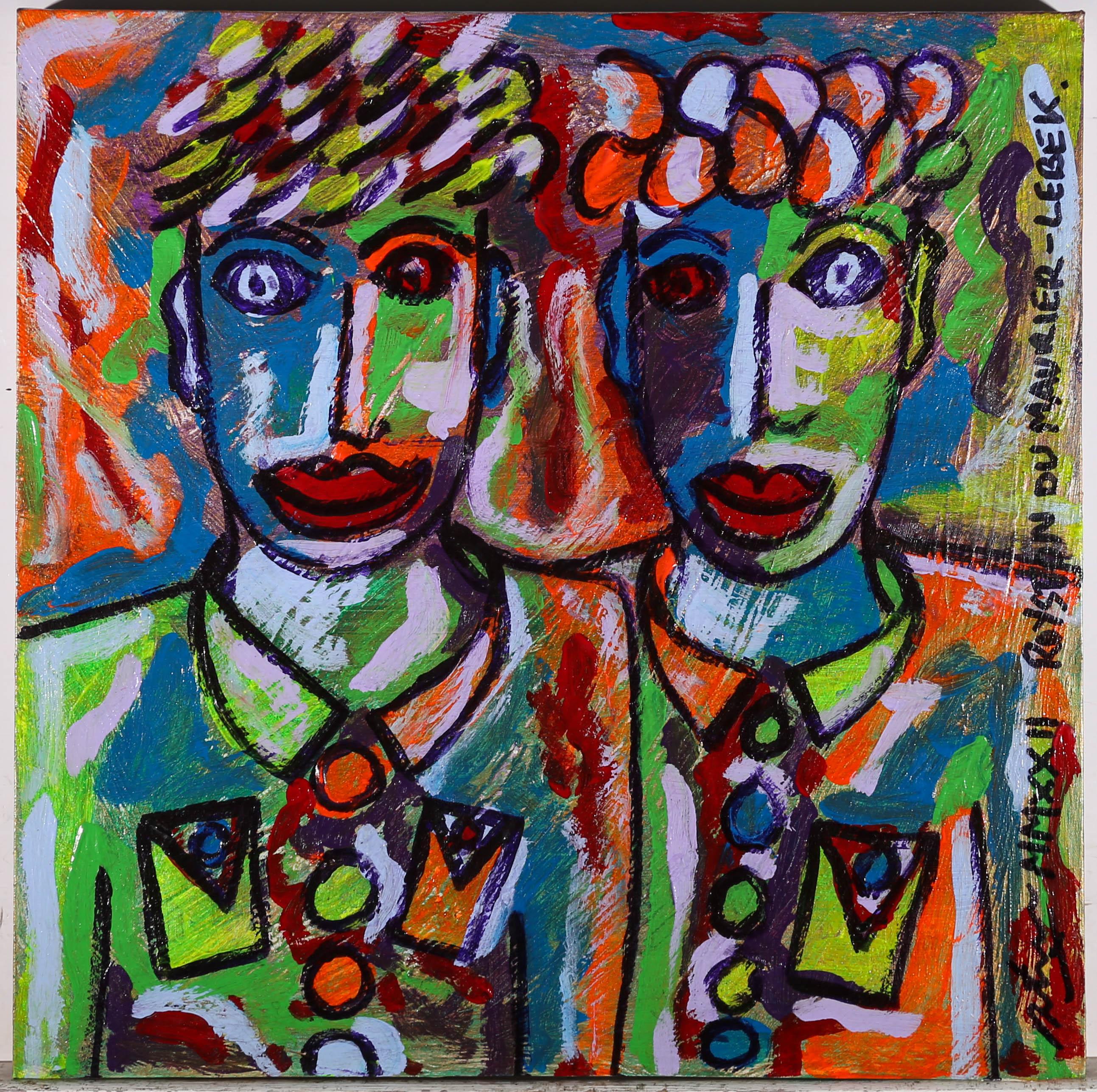 A striking contemporary mixed media piece showing two men, in vibrant acrylic with black ink details. The artist has signed and dated to the right edge and the reverse. There is a biography of the artist attached at the reverse. On canvas.