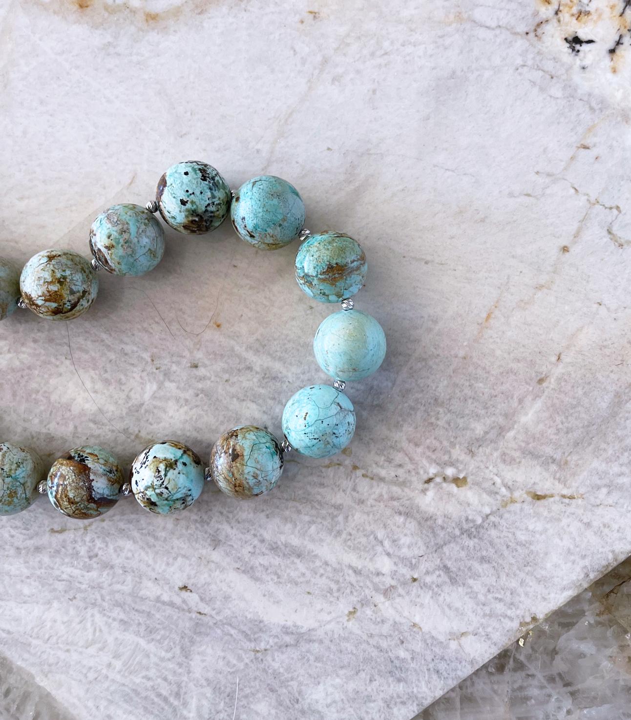 Royston Nevada Turquoise 22mm Round Beaded Statement Necklace In New Condition In Tucson, AZ
