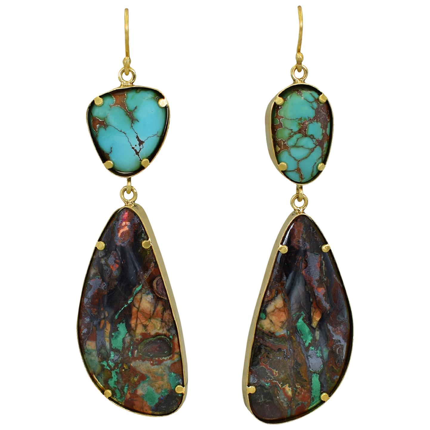 Royston Turquoise and Arizona Boulder Malachite 22 Karat Gold Dangle Earrings