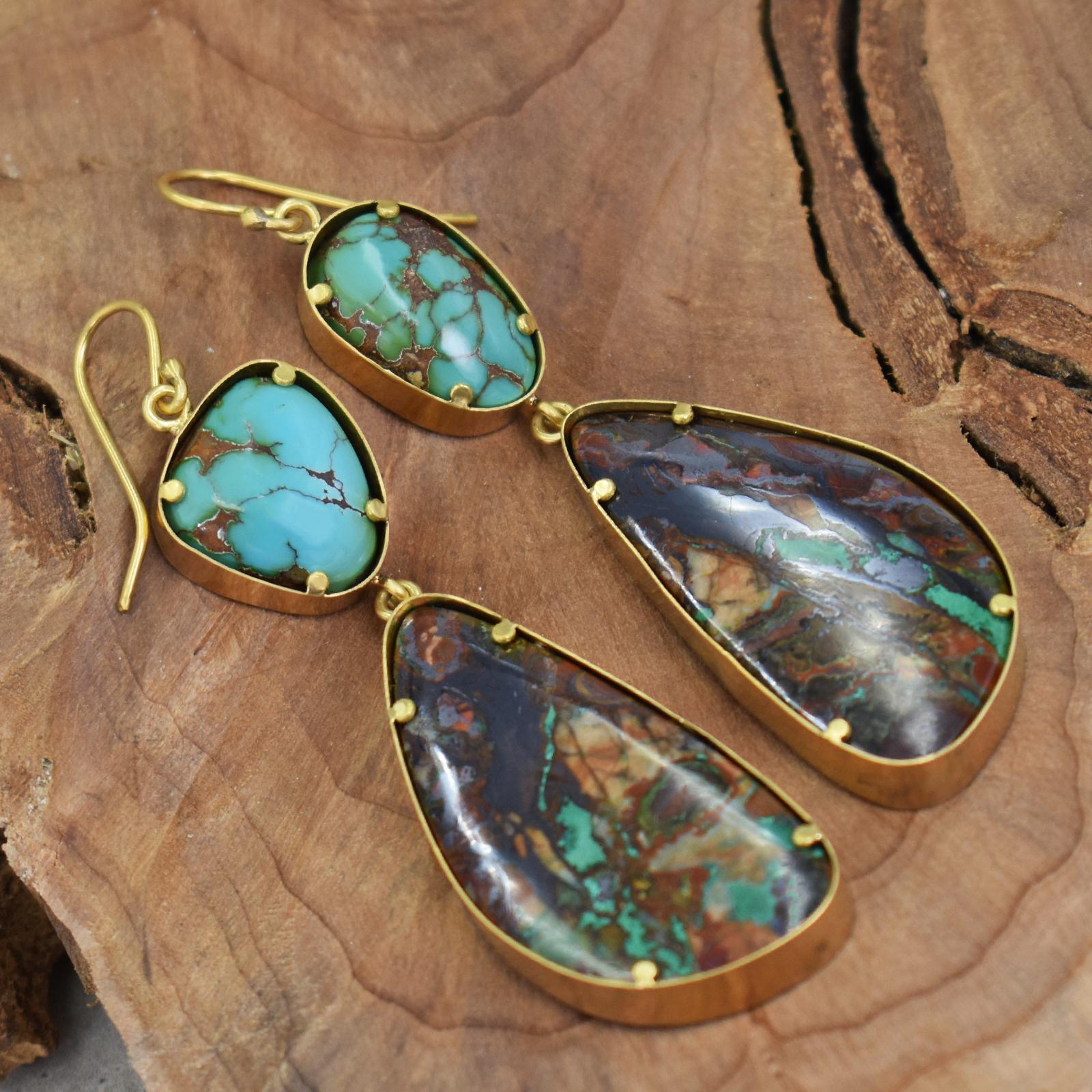 Two tier, hand forged 22k yellow gold dangle earrings featuring Royston Turquoise (29.1 cttw) and beautiful Boulder Malachite from Arizona (82.3 cttw) gemstones. 