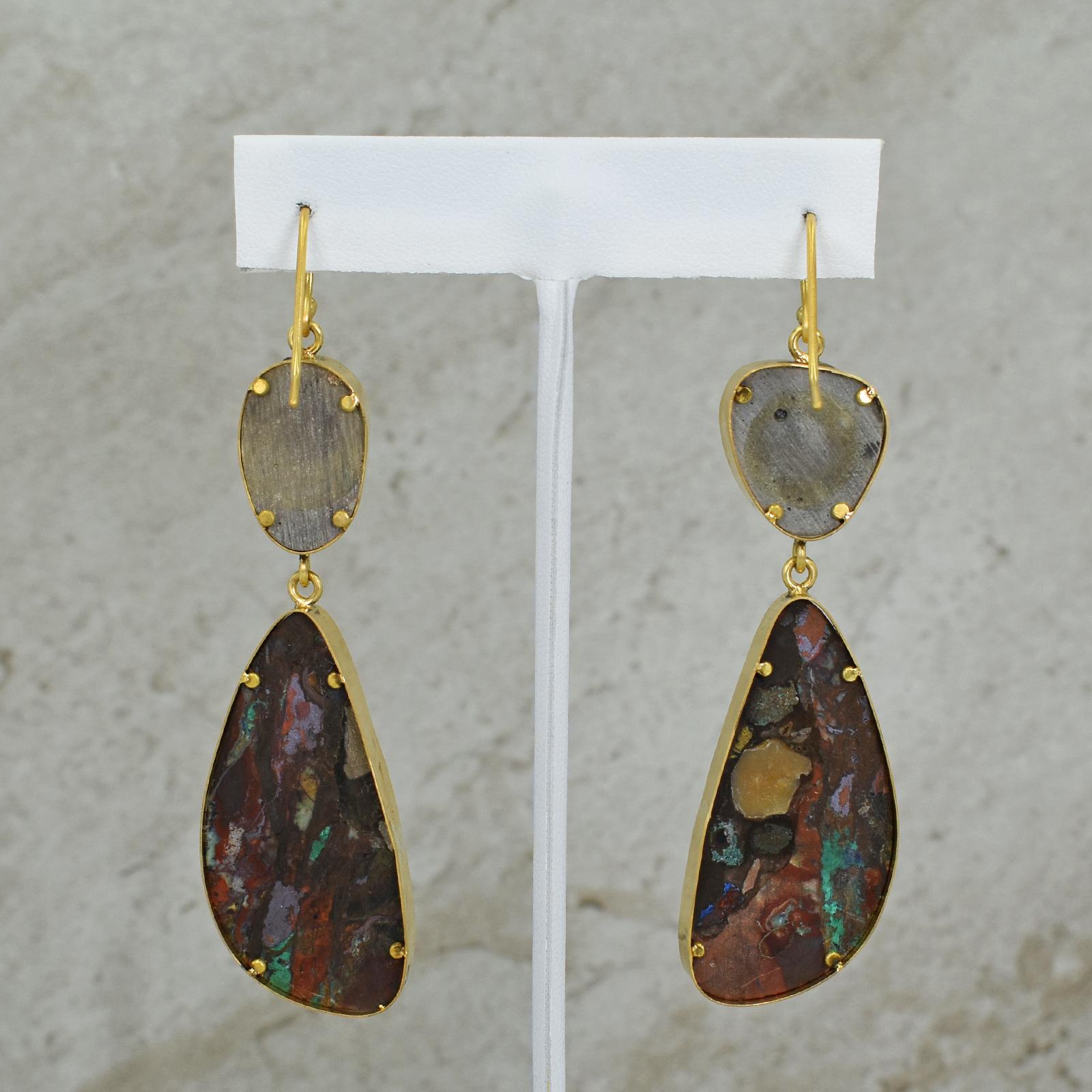 Cabochon Royston Turquoise and Arizona Boulder Malachite 22 Karat Gold Dangle Earrings For Sale