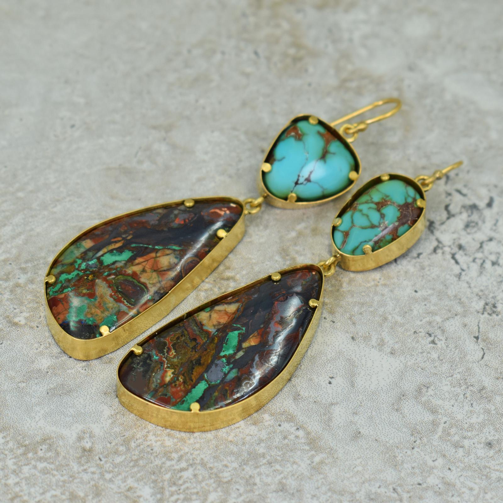 Royston Turquoise and Arizona Boulder Malachite 22 Karat Gold Dangle Earrings In New Condition For Sale In Naples, FL