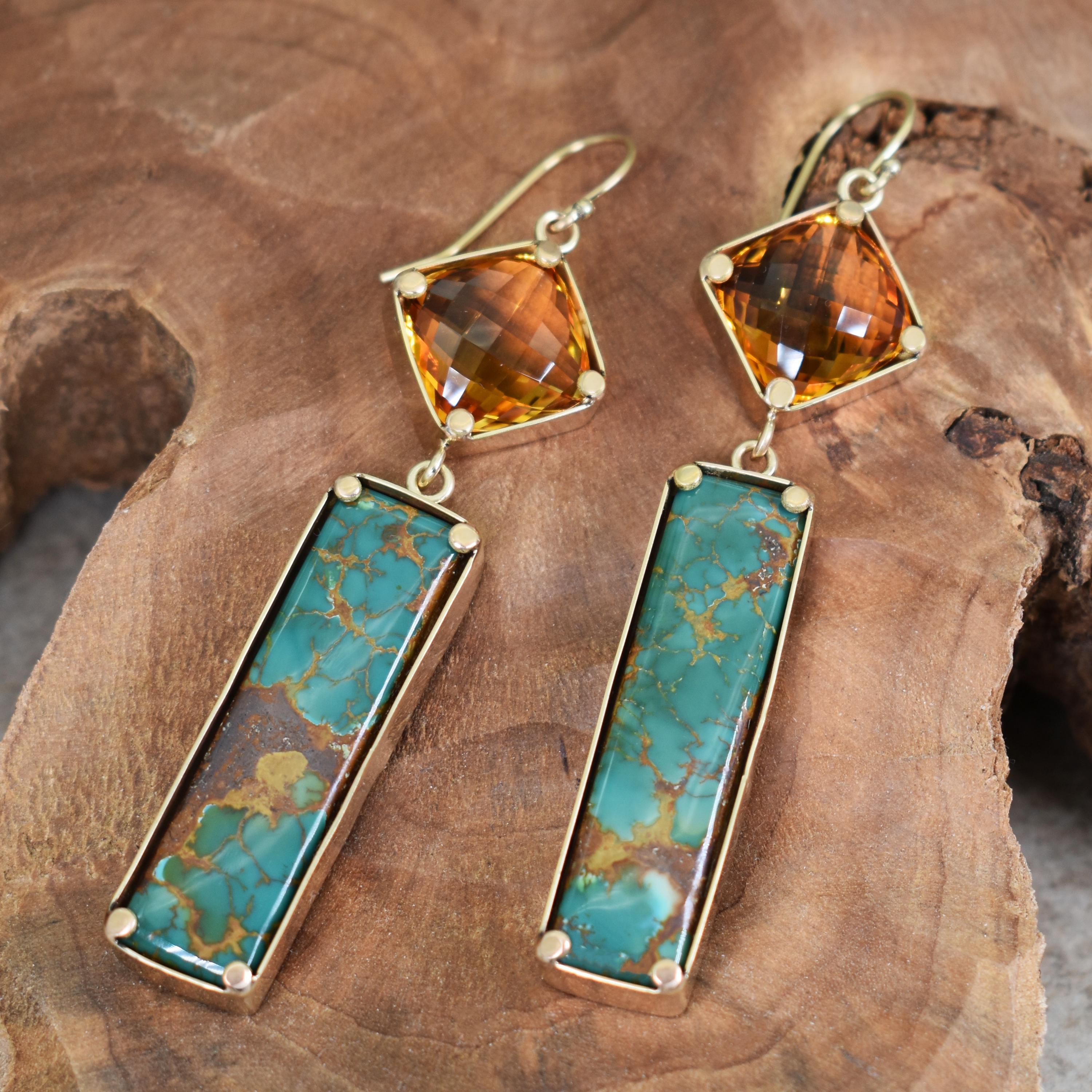Royston, boucles d'oreilles pendantes en or 18 carats avec turquoises et citrine Neuf - En vente à Naples, FL