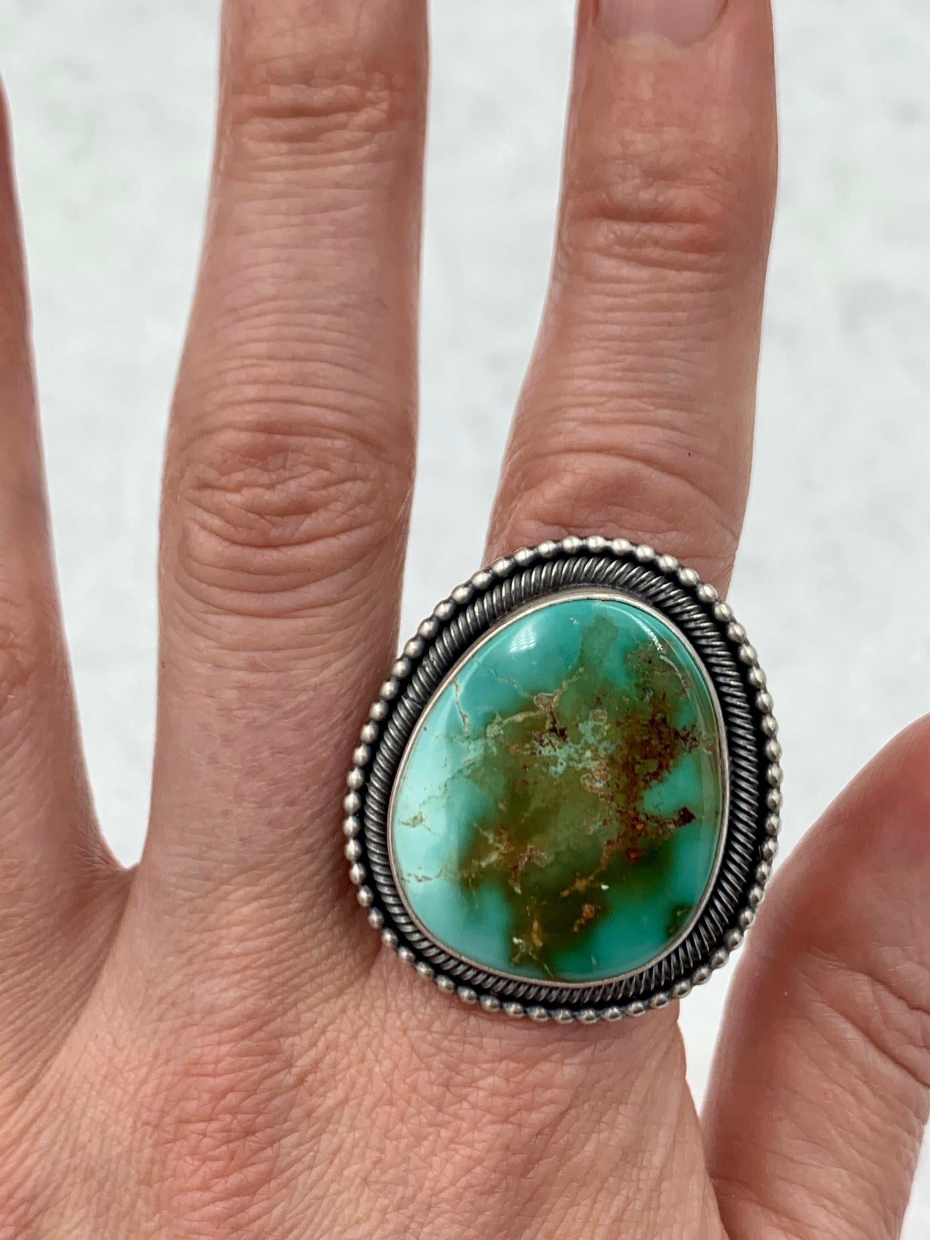 Native American Royston turquoise sterling silver ring made by Navajo silversmith Ernest Begay For Sale