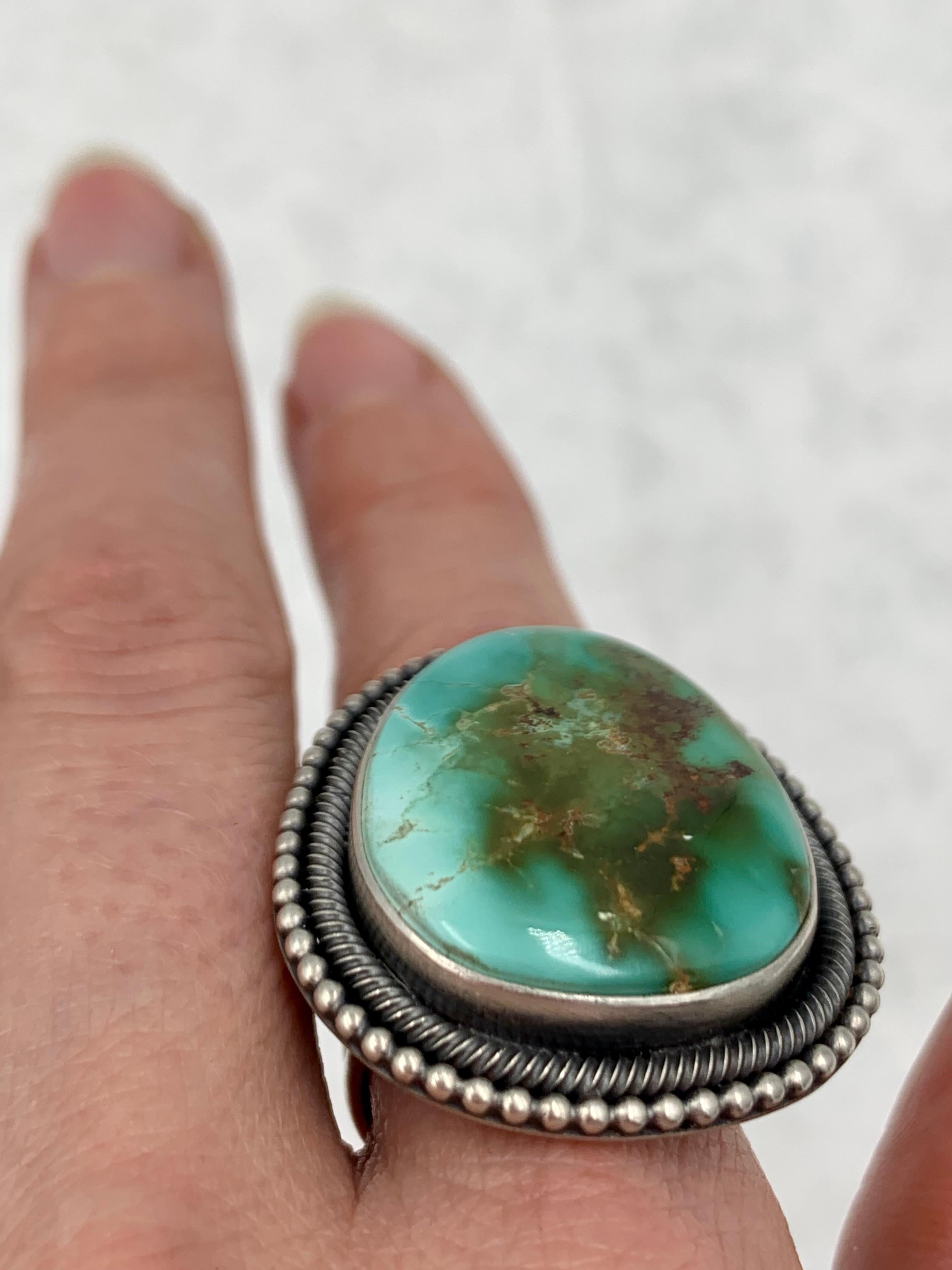 Women's or Men's Royston turquoise sterling silver ring made by Navajo silversmith Ernest Begay For Sale