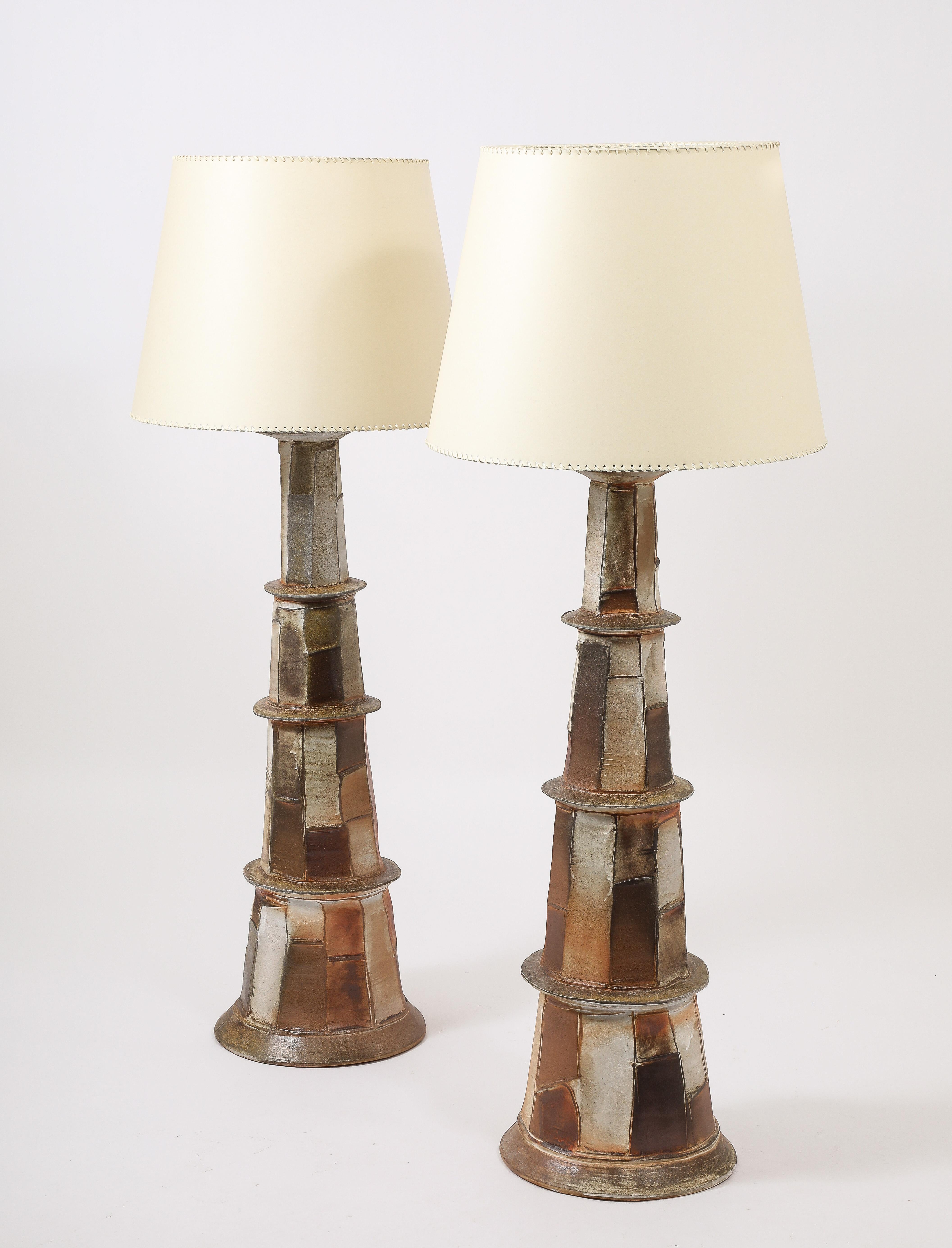 Large pair of earthenware floor in a patchwork of glazes made in La Borne.