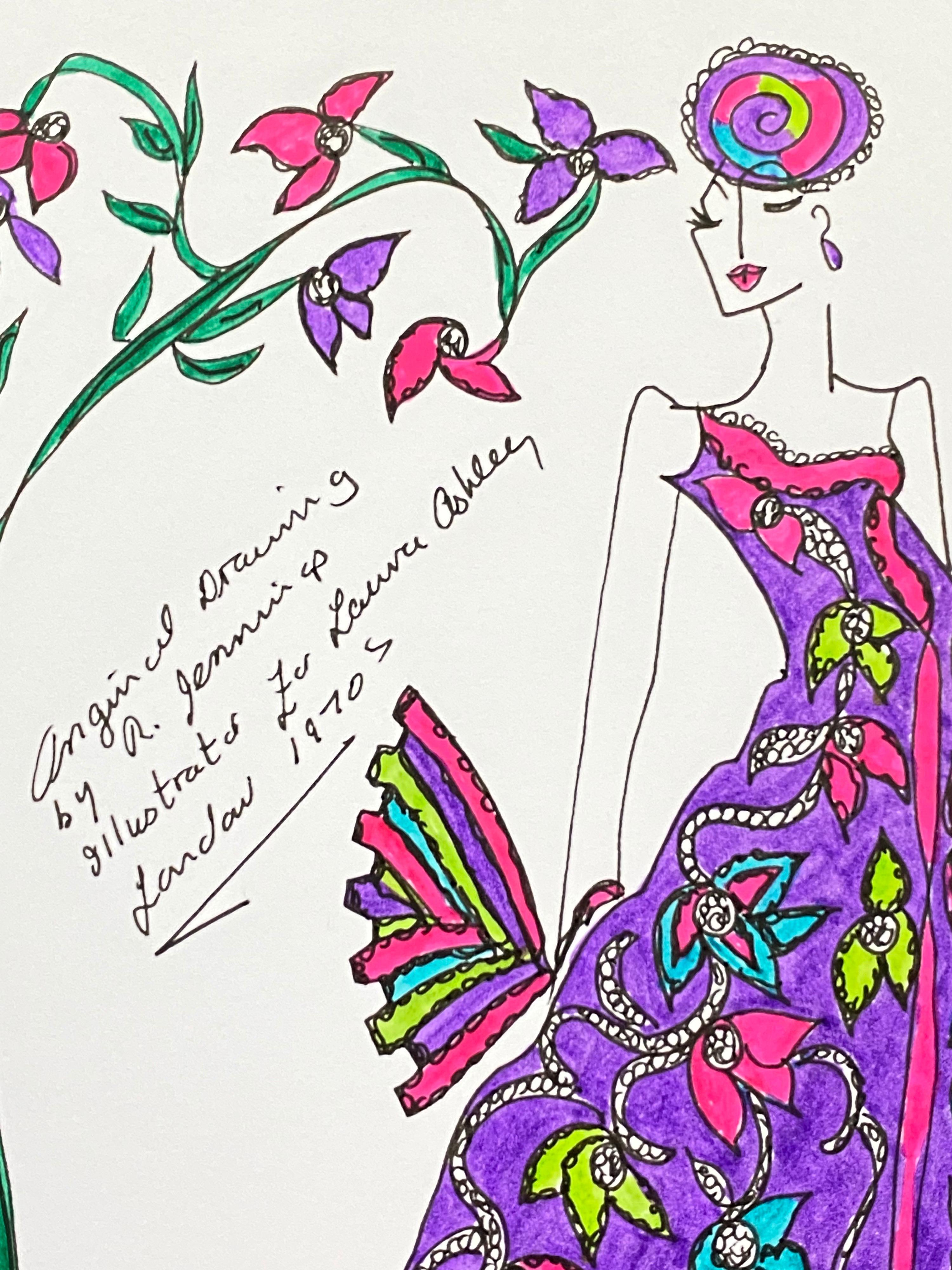 Original Fashion Design Illustration
by Roz Jennings, British
watercolor and ink on card, unframed
size: 12 x 8.25 inches
condition: very good

A beautifully colorful and characterful original artwork by British fashion designer, Roz Jennings. We